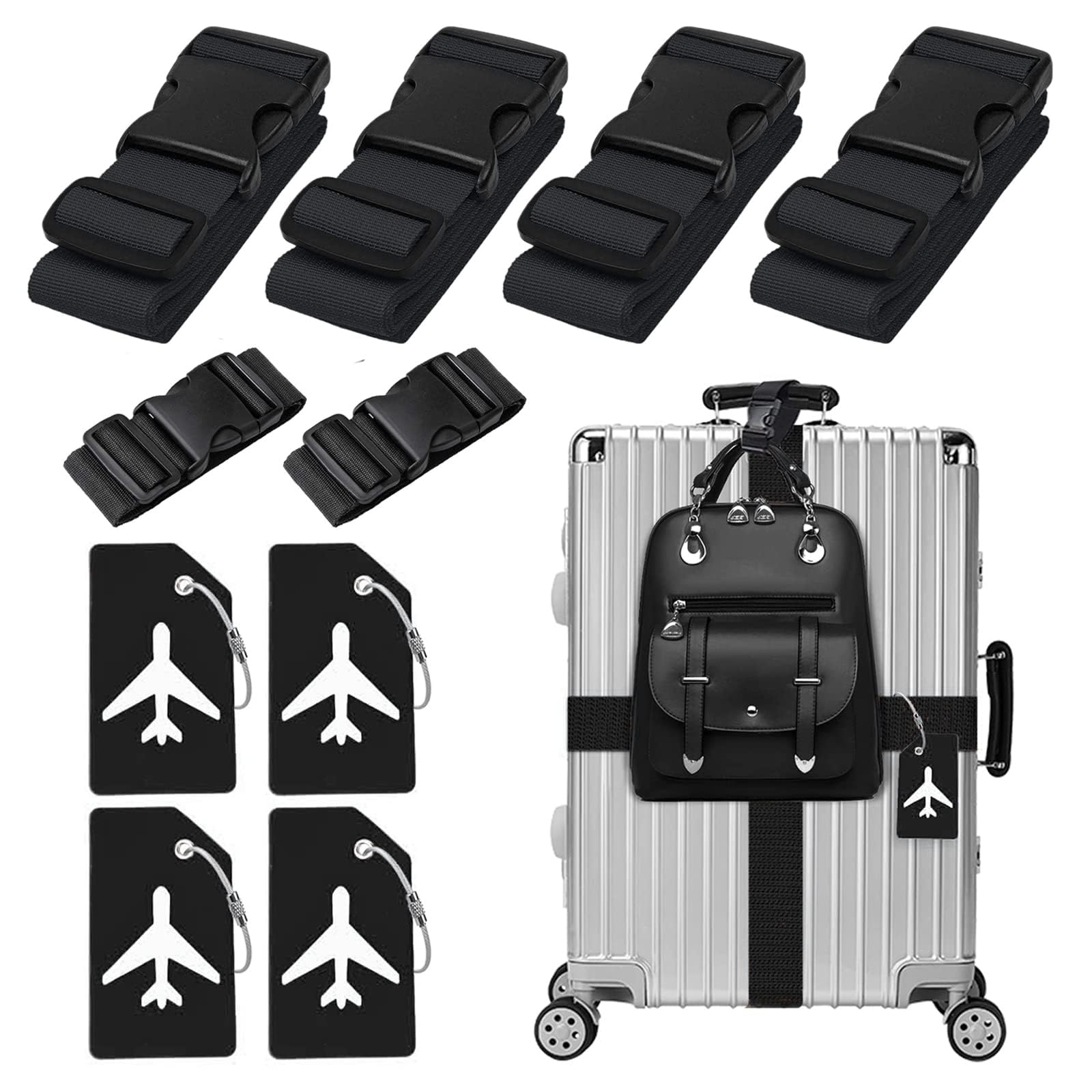 4 Stück Koffergurt & 4 Stück Kofferanhänger & 2 Stück Fügen Sie Eine Tasche Gepäckgurte Hinzu, Kofferband Gurt, Einstellbare Kofferbänder, Auffällig Luggage Strap für Koffer