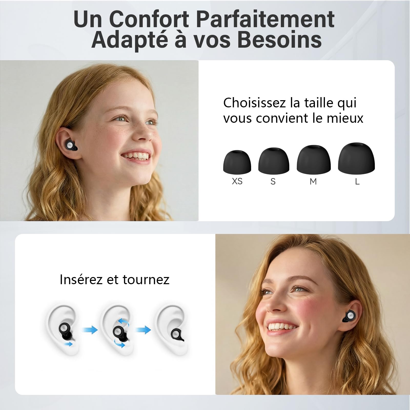 Bouchons d'Oreilles pour Dormir, 2026 Nouveau 45dB Réutilisables Réduisant le Bruit Pour Dormir, Boule Quies Protection auditive Bons pour Sommeil/Étude/Voyage/Concerts, 4 Tailles (XS/S/M/L) - Noir - 5