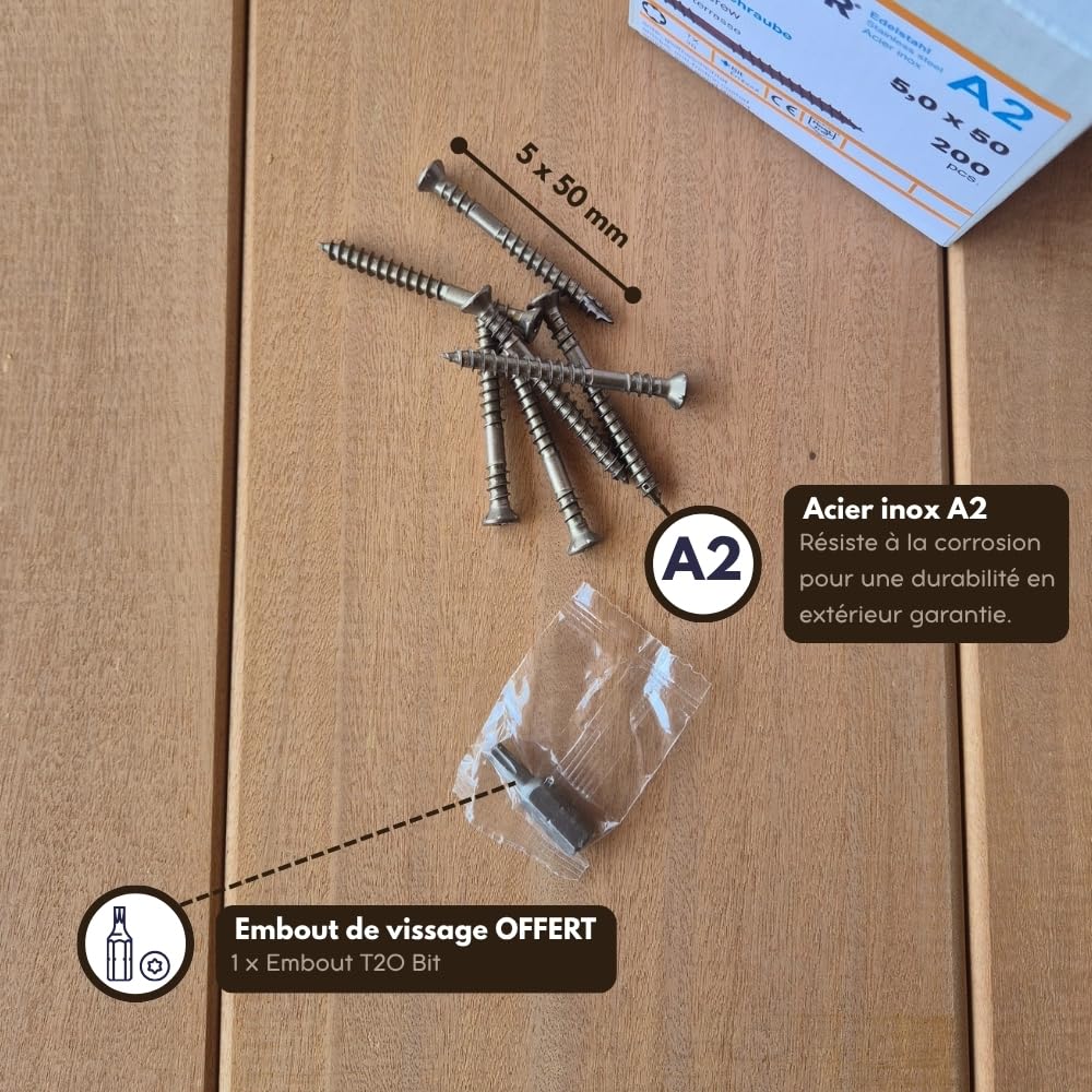 REISSER - Boîte de 200 vis pour terrasse bois - Revêtement Antique - diamètre 5 x 50 mm - Acier inox A2 - Empreinte Torx TX20 - tête fraisée - Embout OFFERT