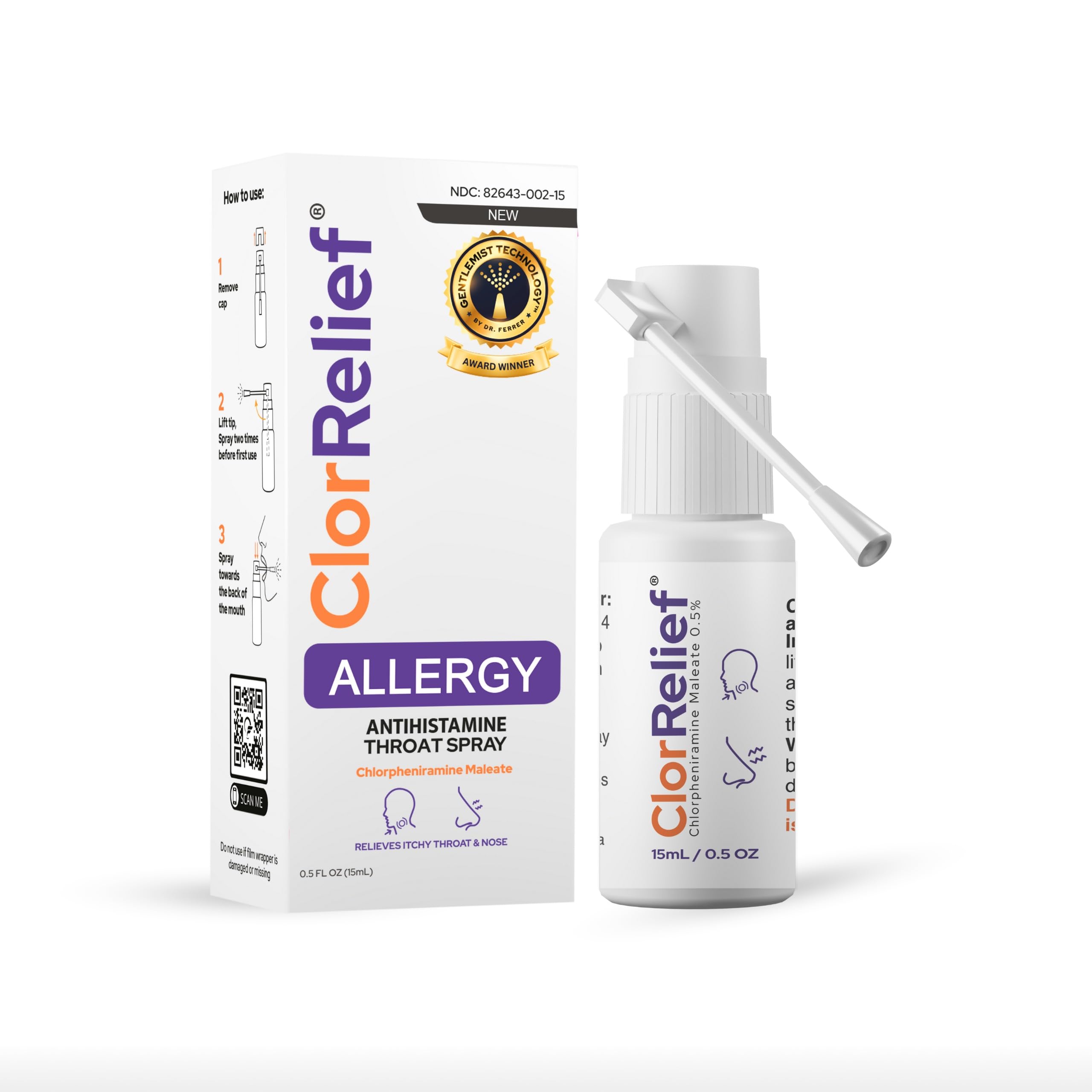 ClorReliefAntihistamine Throat Spray for Allergies – Chlorpheniramine 0.5 FL Oz – Relief for Itchy Throat, Sneezing, & Allergy Symptoms – Non-Drowsy, Adult Use