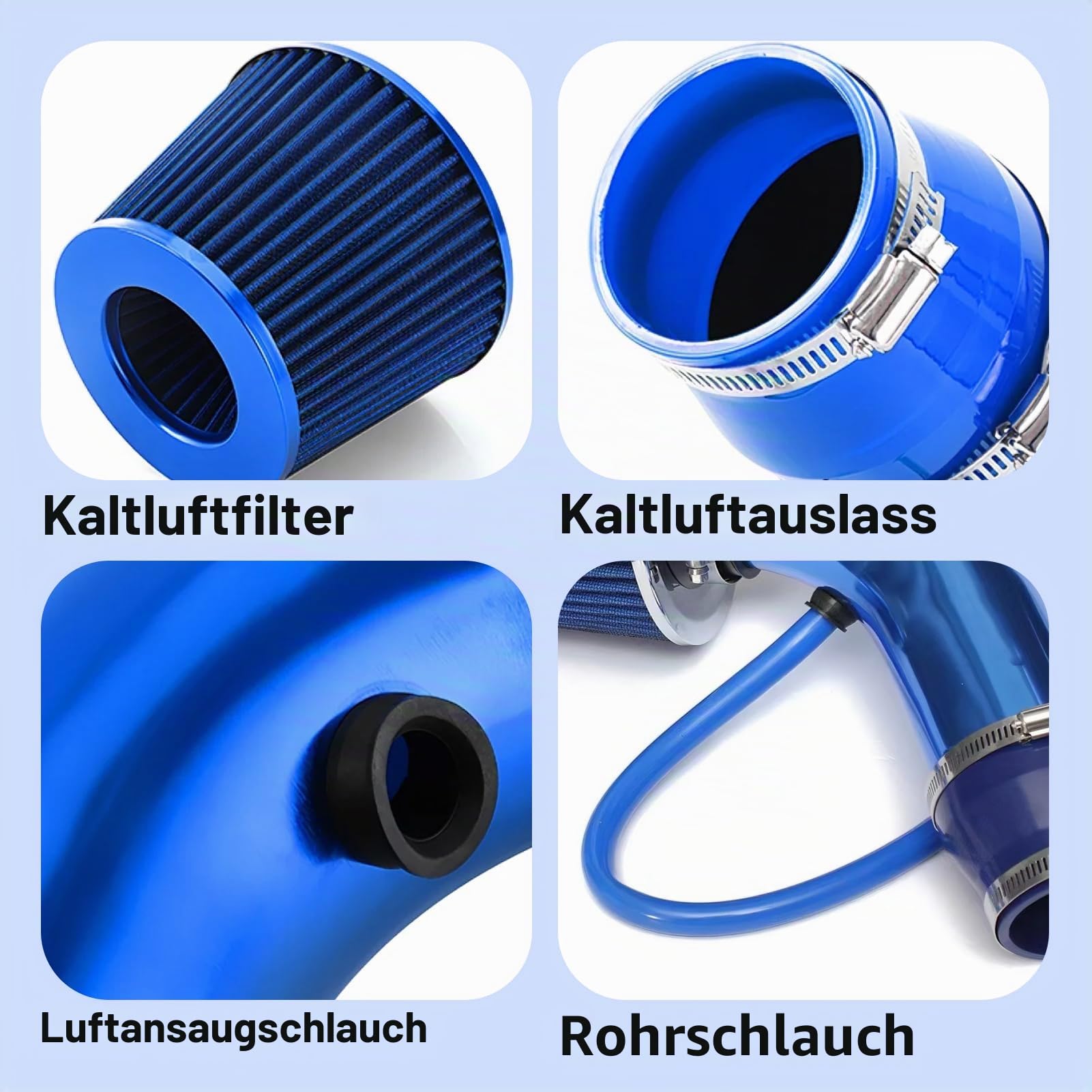 Kaltluftfilter（Blau），Direktfilter-Kit，Luftschlauch Durchmesser 76mm Luftansaugungssystem aus Kohlefaser mit Schlauch