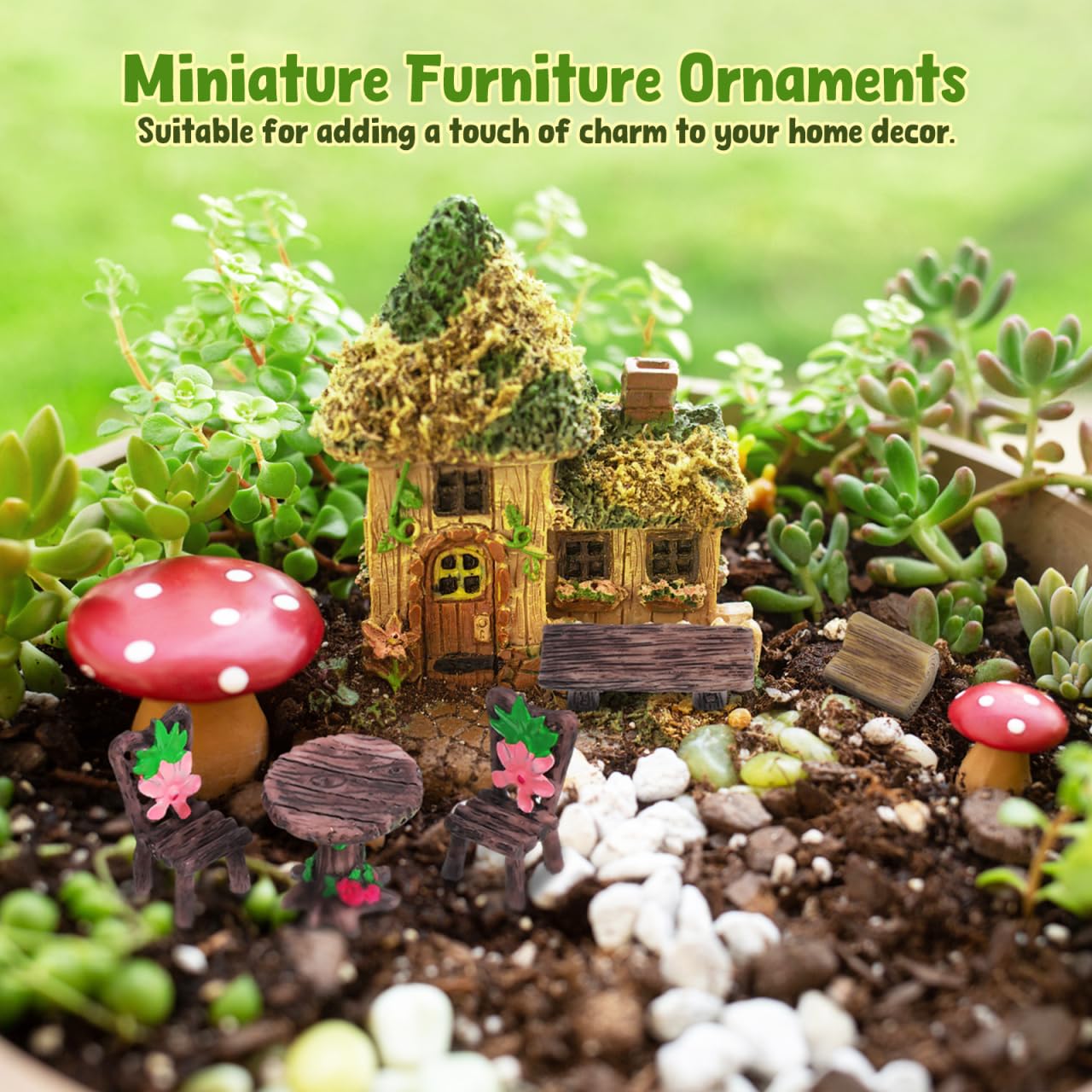 ABOOFAN 10Pcs Fairy Garden Furniture Ornaments, Miniature Table, Benches and Chairs Set for Dollhouse Fairy Garden, Terrarium - Image 4