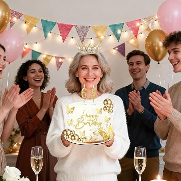 SUTROMA Crown Cake Topper, Corona Para Pastel,Happy Birthday Cake Toppers Candles Balls Butterflies, Cake Decorations for Princess Women Queen Party Wedding Decor (Gold White)