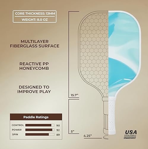 Miniatura 3 de HELIOS Khione - Paleta de pickleball - Morn  Superficie de fibra de vidrio G2S de 8 onzas con núcleo de panal reactivo de 0.51 pulgadas  Diseño