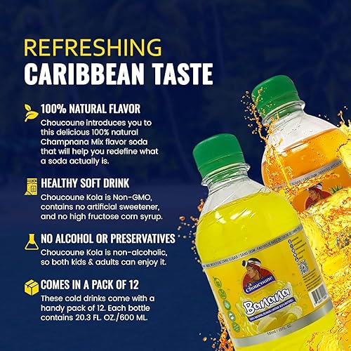 Miniatura 4 de Choucoune Kola Champnana Mix Flavor Soda Bebidas de refrescos Bebidas Naturales Burbujeantes, Sabor 100% natural, Caña de azúcar pura, sin OMG, Sin