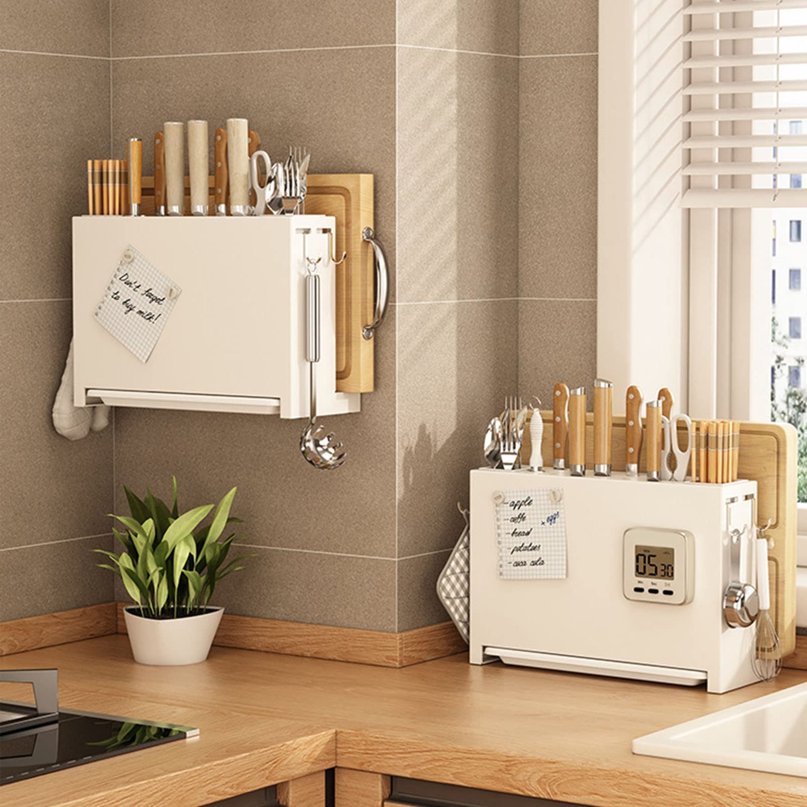 Portacoltelli Retrò Foratore Portacoltelli Da Banco Con Asciugatura - Organizzatore Cucina Retrò Beige, Grande Capacità Portautensili Da Cucina - 7