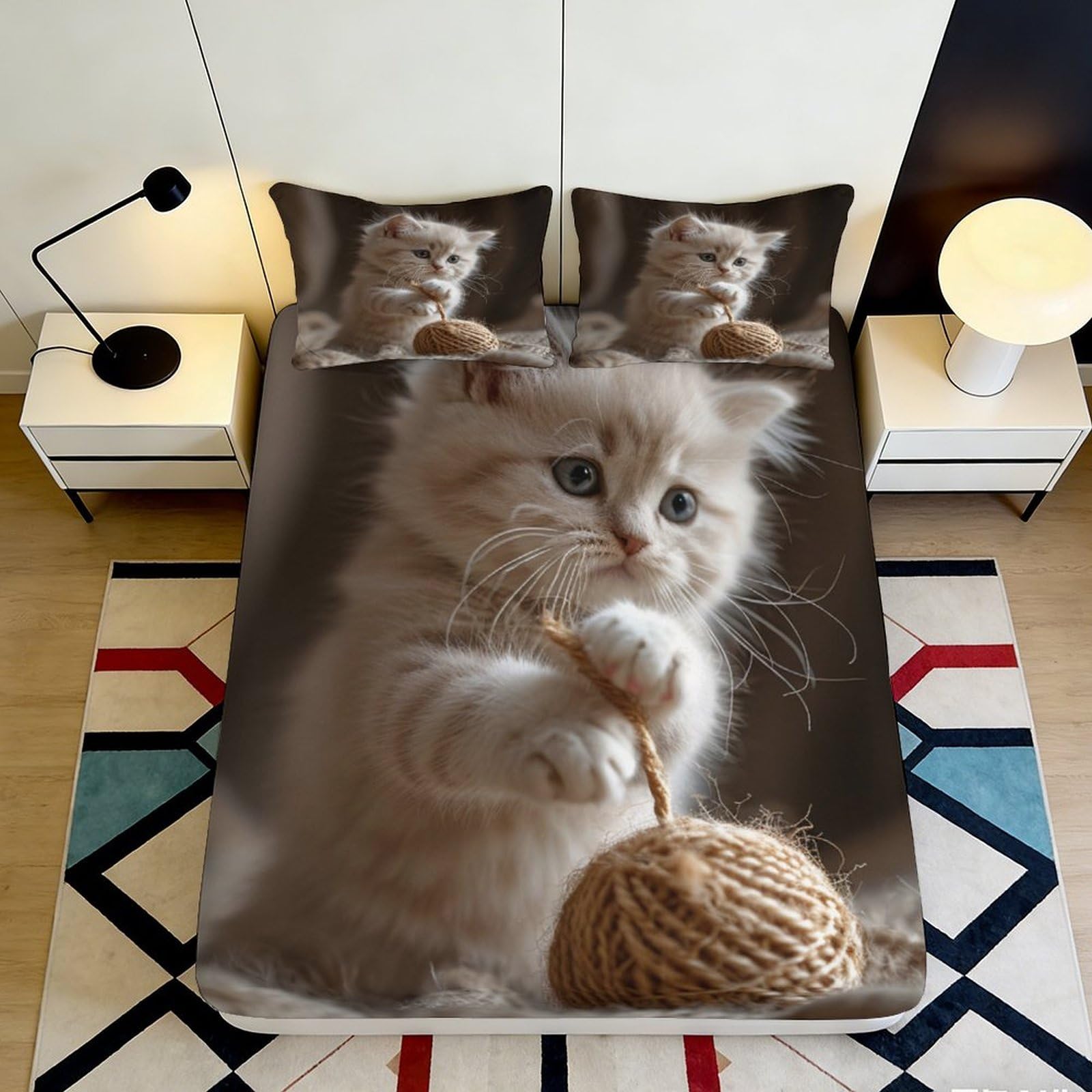 3D Printed Cute Kitten Fitted Sheet Microfiber Soft Breathable Playful Cat Ball Mattress Cover for Bedroom Dormitory Guest Room Protection Decor 180x200x25cm