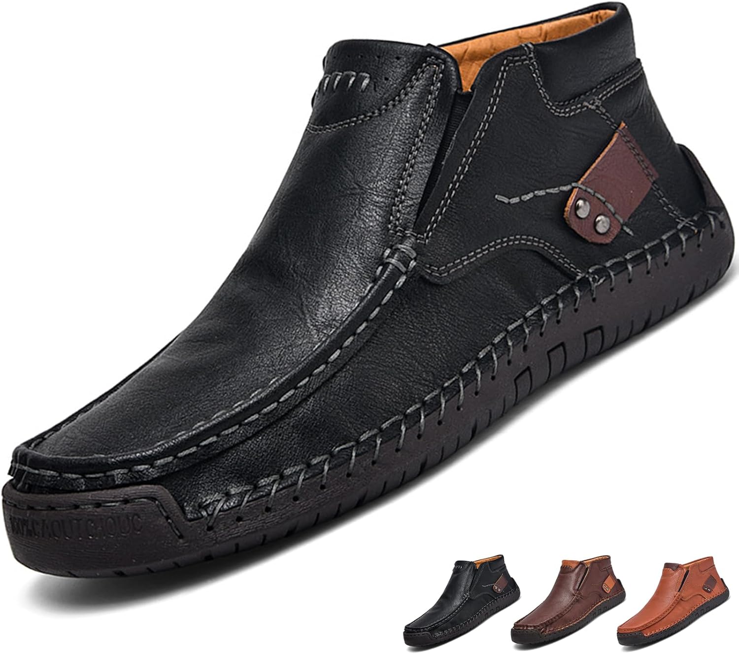 Men’s Retro Leather Hand-Stitching Slip On Ankle Boots Fashion Moccasin Toe Comfortable Non-Slip Mid Top Chukka Boots Outdoor Casual Driving Walking Boots