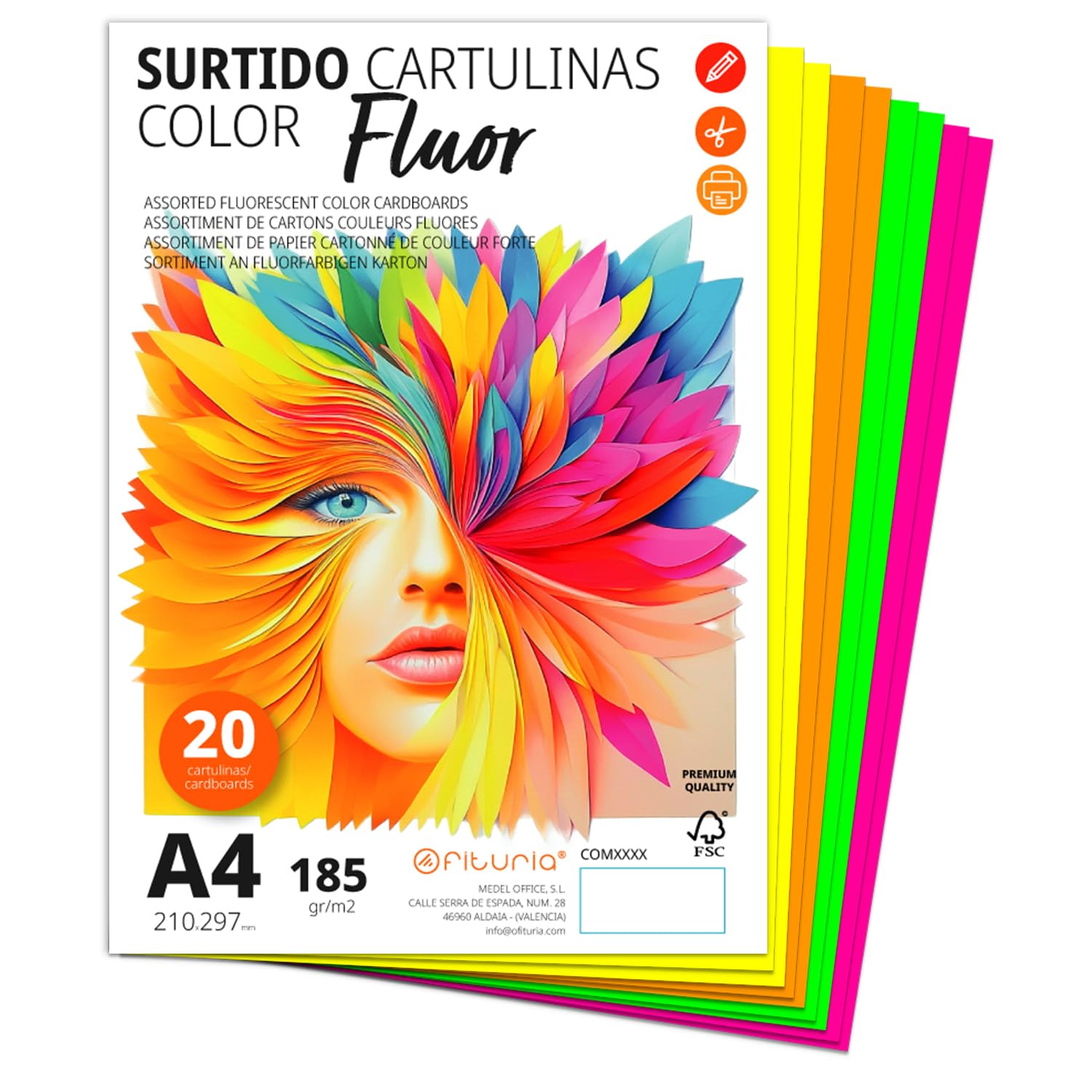 Gekleurd karton, A4, verschillende kleuren, 180 g, knutselwerk, print uw documenten en creatieve ontwerpen, A4-kleurenbladen, m-office (x500, intensief assortiment