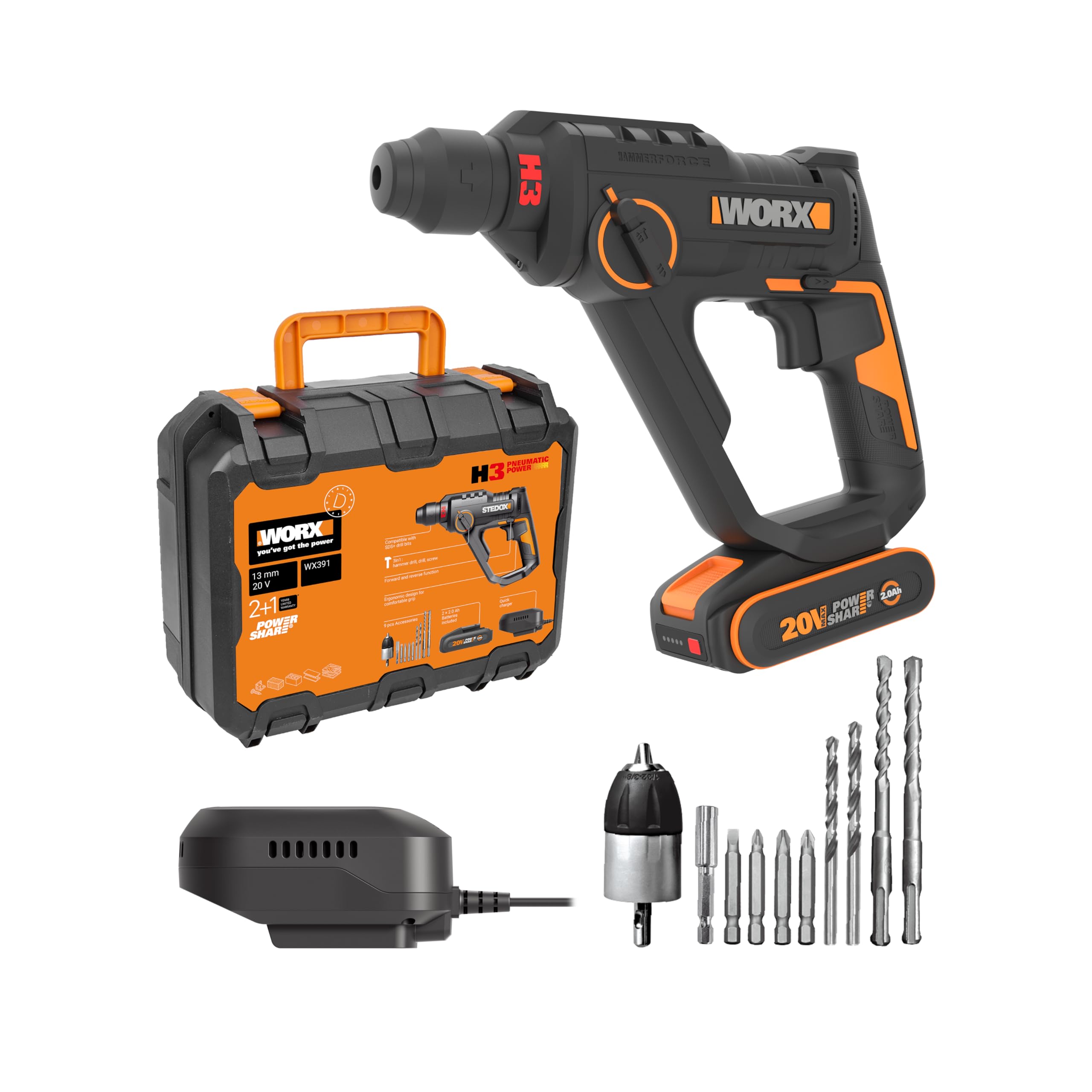 WORX WX391 Martillo perforador inalámbrico 20V, 1,2J, taladrado rápido en hormigón, 3 funciones en 1, 10 brocas para hormigón, madera y metal, batería de 2 Ah y cargador rápido de 2A