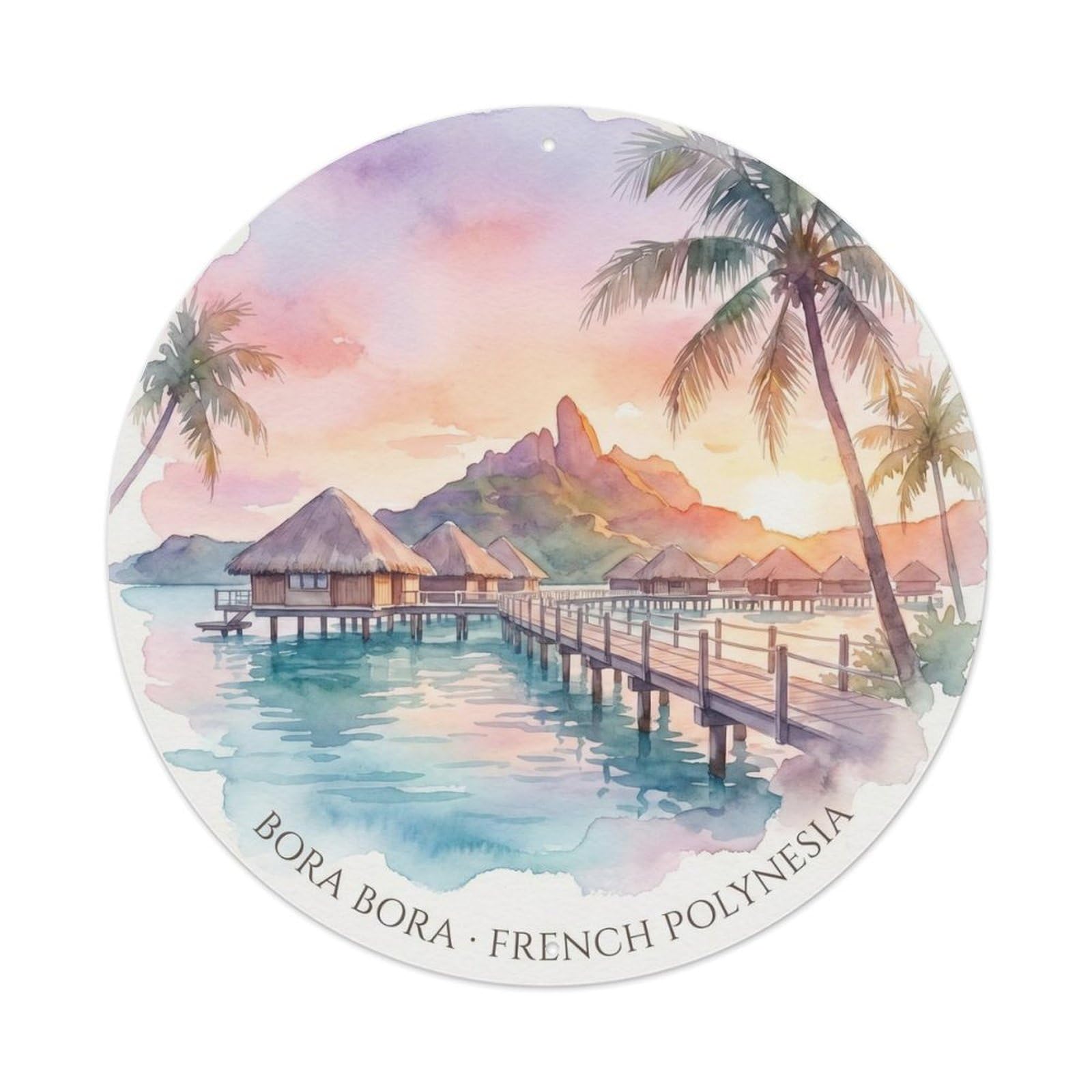 Olyhtr 8X8inch Classic Style Watercolor Overwater Bungalow Borabora Lagoon Metal Tin Sign