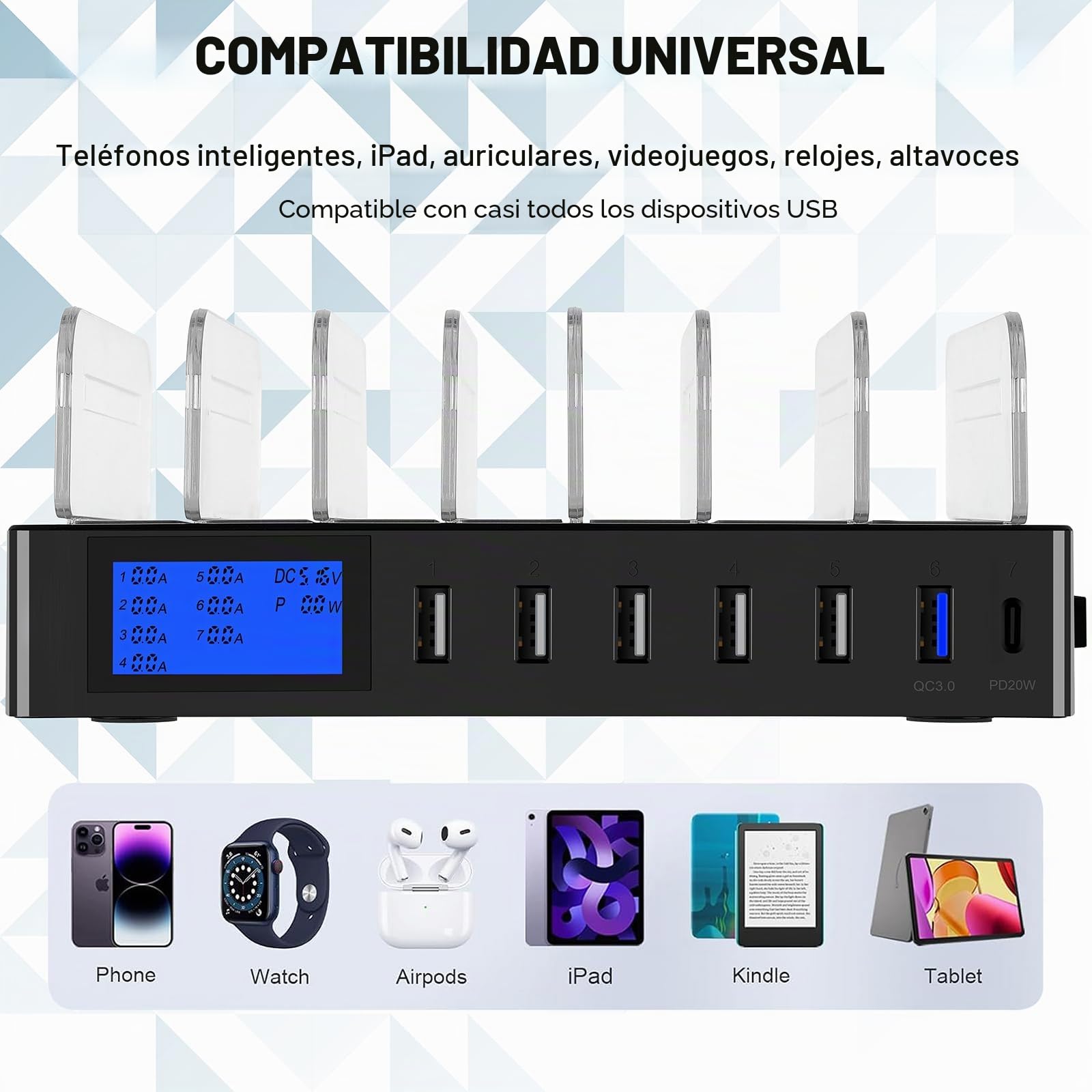Estación de carga rápida PD20W QC3.0 con múltiples puertos USB, estación de carga 7 en 1 para múltiples dispositivos con pantalla LCD compatible para iPhone, iPad, Samsung, Huawei y más (Negro)