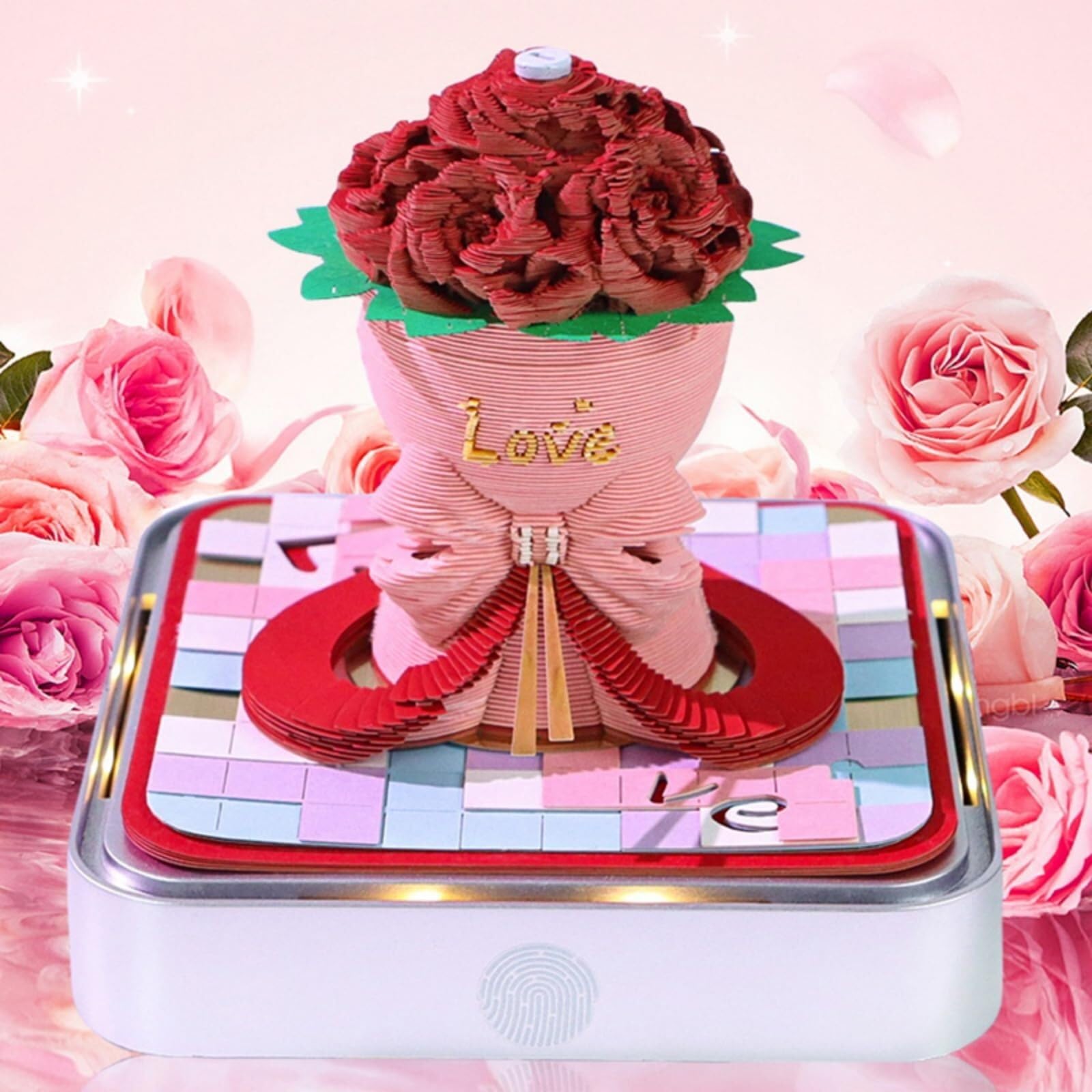 Monatlicher Tischkalender Kalender 2026, Schreibtisch-Notizblock mit 3D-Katzenmotiv aus Papier, Geschenkidee Rezeptionisten-Zubehör(Rose Flower-B,Without Light)