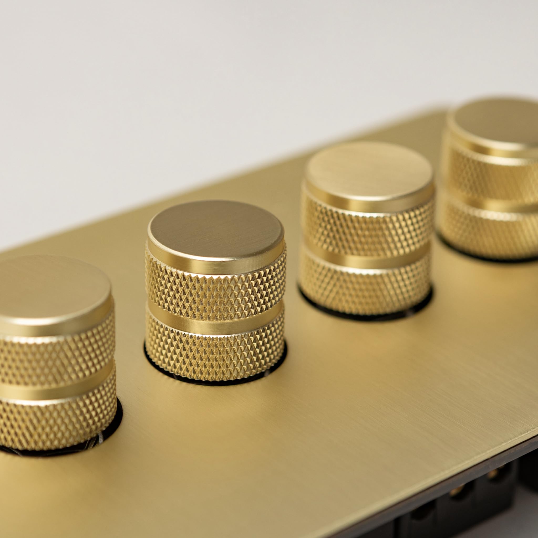 Foundry Series Knurled Toggle Switches and Sockets – Satin Brass (4 Gang Dimmer - 2 Way)