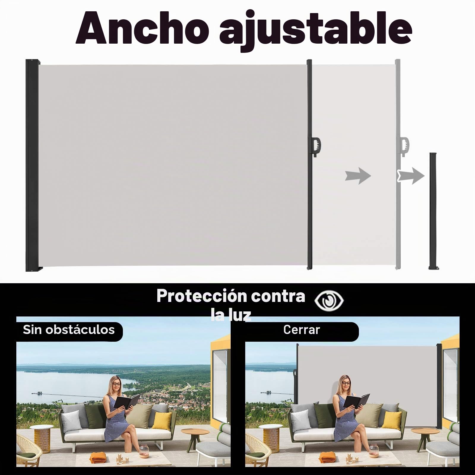 Froadp 200x300cm Toldos de Exterior para Patio Carpas Mampara de Poliéster Resistente Biombos Lateral Retráctil para Balcón y Terrazas Verticales Pergolas Protege la Privacidad y Solar (Gris)