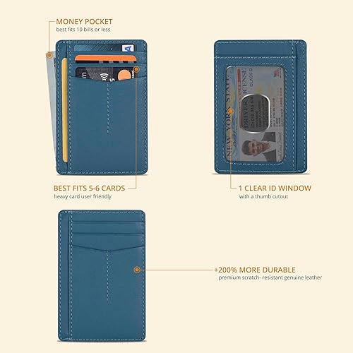 Miniatura 8 de Cartera con tarjetero minimalista para hombres y mujeres con bloqueo RFID y bolsillo frontal de cuero, Marrón Hunter, S