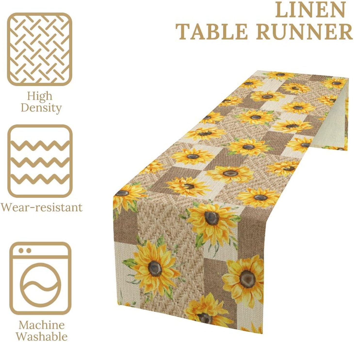 Farmhouse Sunflower Table Runner, Rustic Vintage Linen Patchwork Summer Yellow Floral Table Cover for Bithday Party Home Kitchen Dining Room Decor, 13x108inch