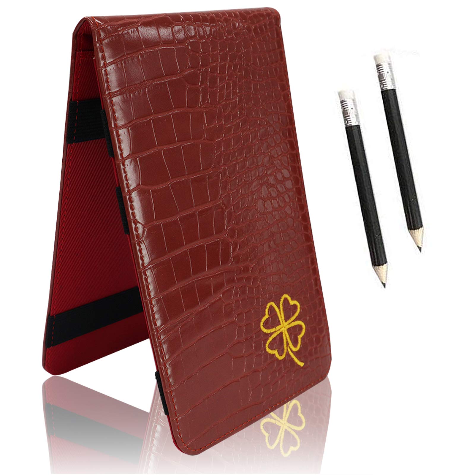 FINGER TEN Golf Scorecard Holder Leather Yardage Books Cover Lucky Clover with 2 Free Pencil Value Pack Deluxe Pocket Score Card Covers Gift for Men