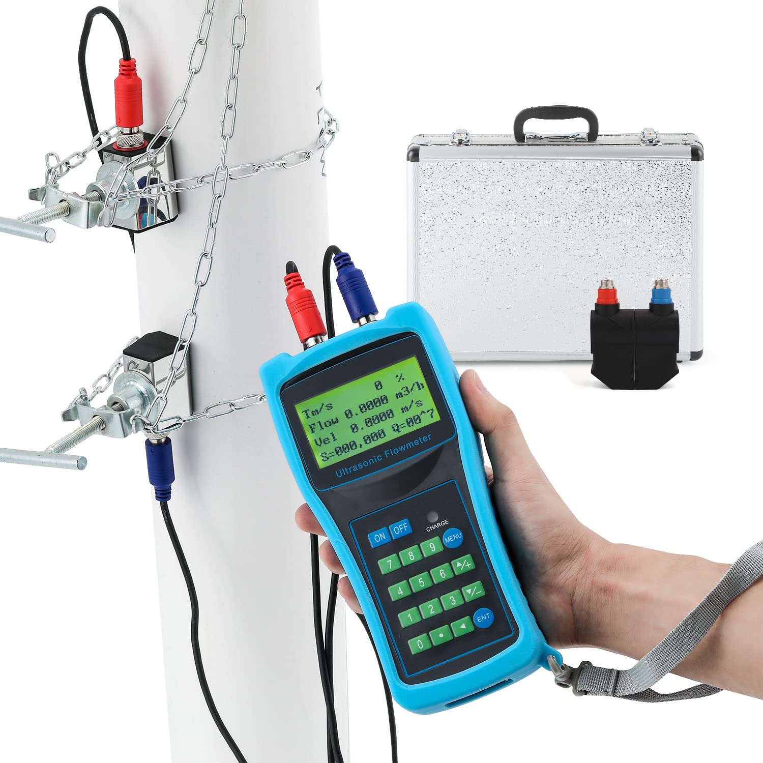 Ultrasonic Flow Meter Clamp on Handheld Portable Flowmeters with LCD Display S1 M2 Sensors Carrying Case 1/2-28"