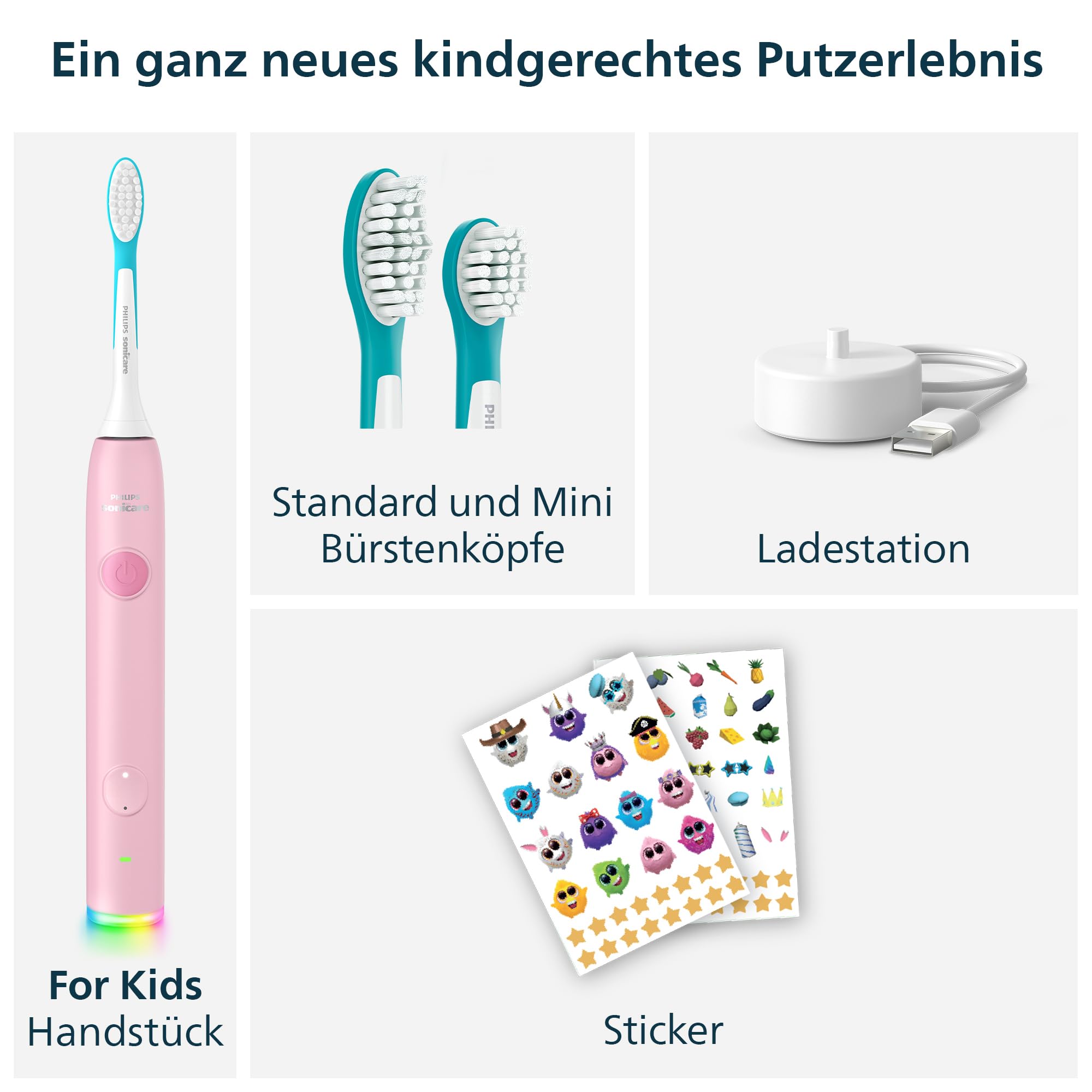 Philips Sonicare for Kids Smart elektrische Zahnbürste - Schallzahnbürste mit App, für Kinder 3+, 2 sanfte Putzprogramme, 2-Minuten-Timer, 2 Bürstenköpfe (Standard + Mini), Pink, Modell HX6600/11