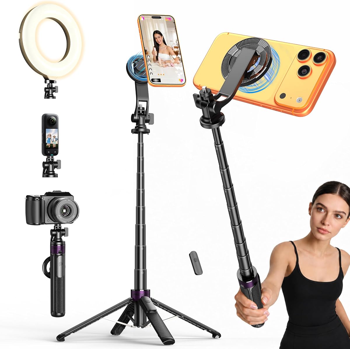 53" Magnetic Selfie Stick Tripod for Phone/Action Camera, 1/4" Mount | Aluminum Alloy Pole, 360° Rotation, 4-Leg Base & Wireless Remote Compatible with iPhone17 Pro&Action Camera for Travel Photos