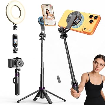 53" Magnetic Selfie Stick Tripod for Phone/Action Camera, 1/4" Mount | Aluminum Alloy Pole, 360 Rotation, 4-Leg Base & Wireless Remote Compatible with iPhone17 Pro&Action Camera for Travel Photos