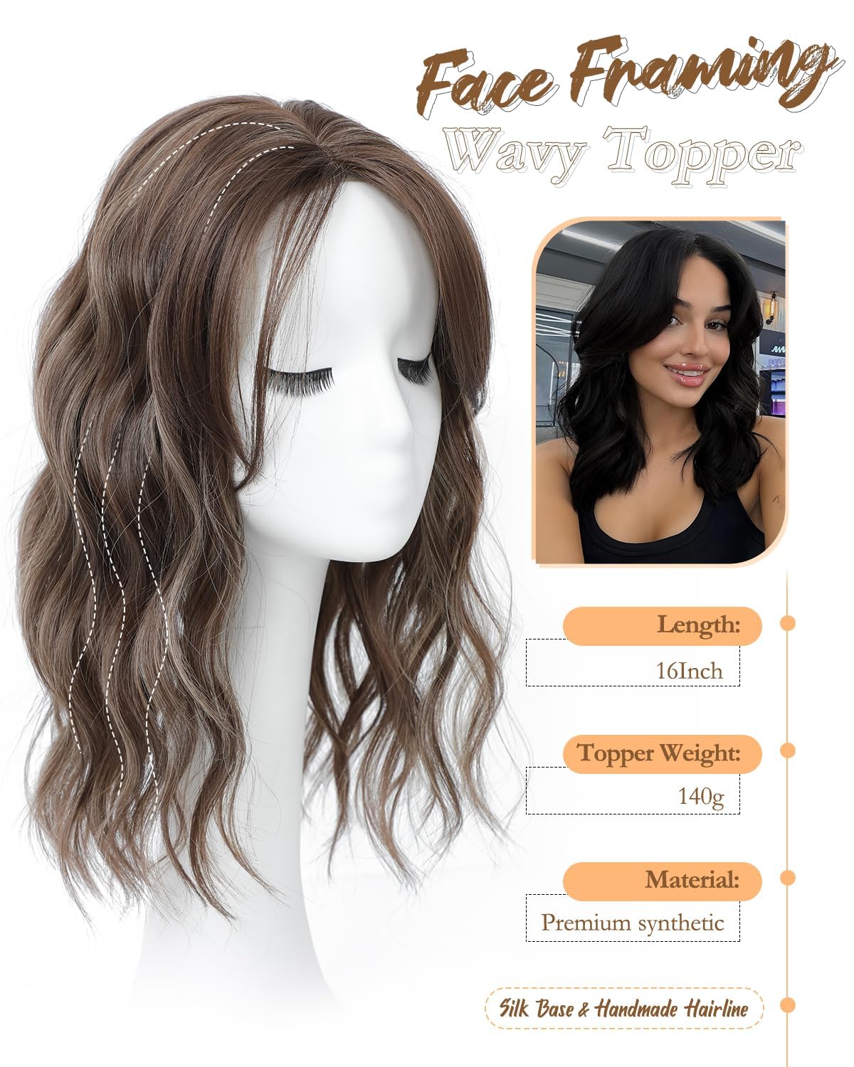 MORICHY 16Inch Wavy Curly Fringe Clip in Hair Topper - Add Volume & Thickness for Women (Brown Highlights) - Image 2