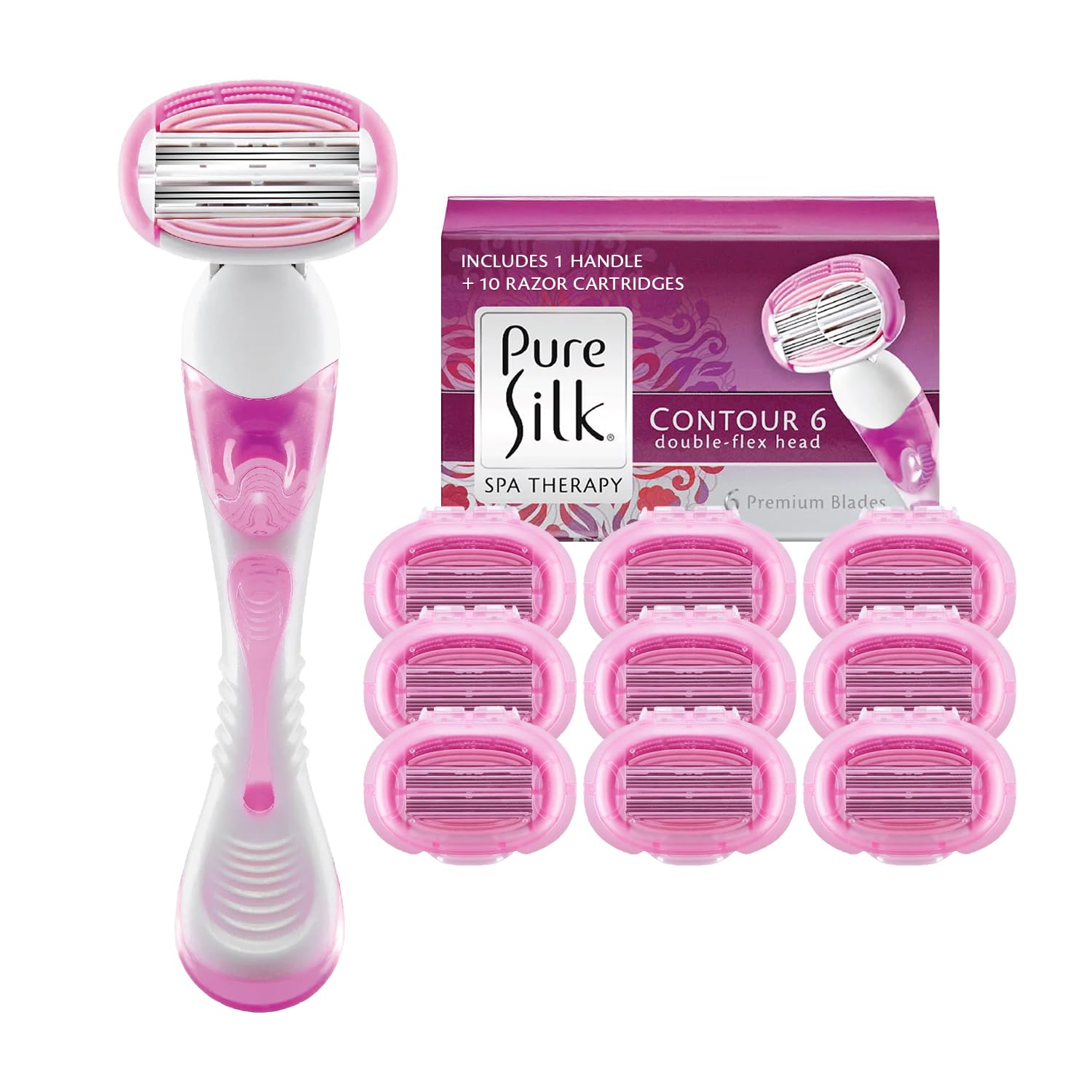 Pure Silk Contour 6 Shave Kit | Reusable Handle, (10) Blade Refills, Tray