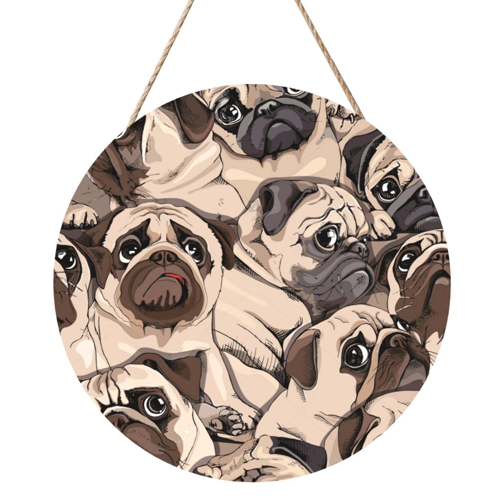 InOmak Funny Pug Pattern, Round Wood Panel Painting 12 in, Wall Hanging Painting For Home