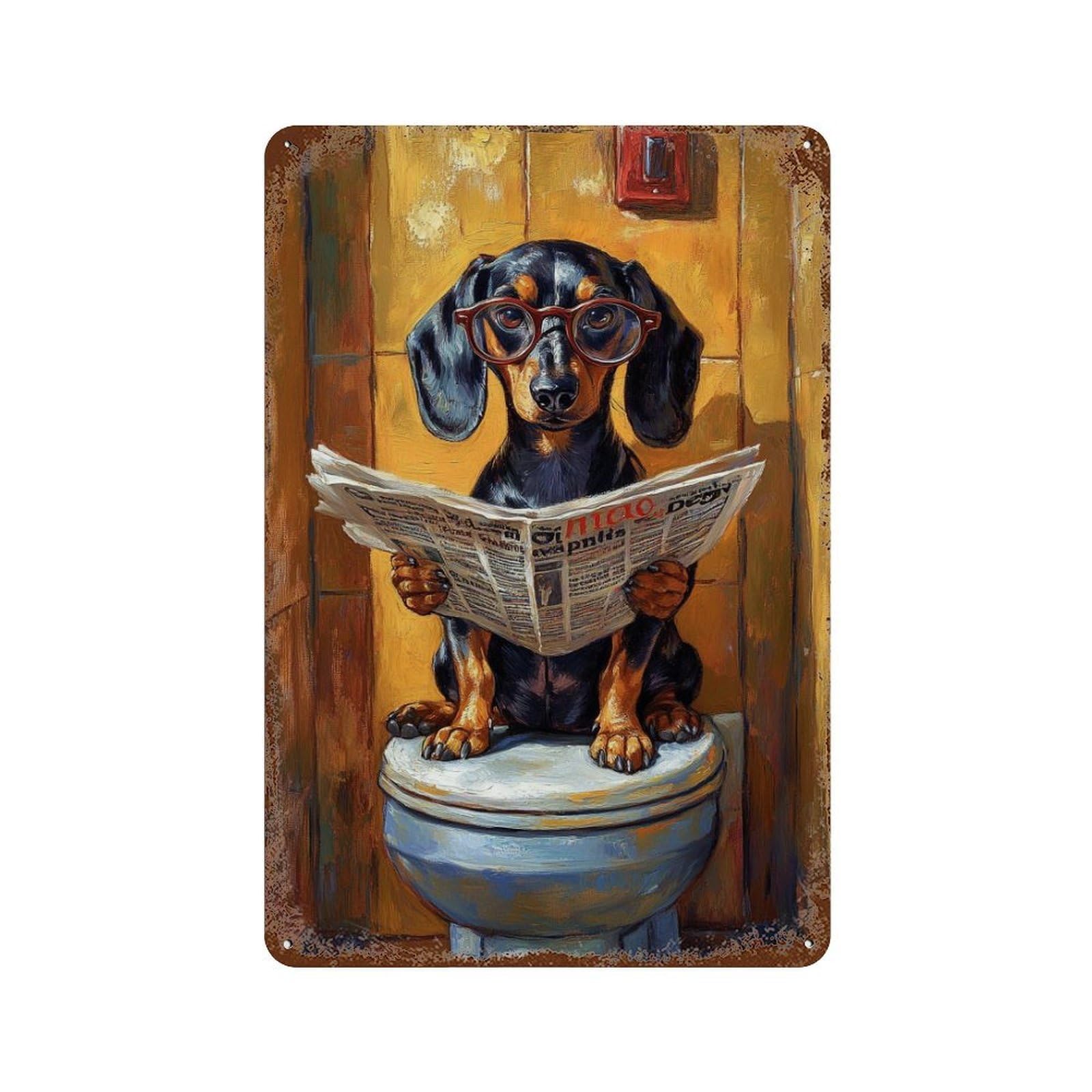 Dog Reading Newspaper on Toilet-27 11.8"x7.9" Vintage Rust Metal Sign, Classic Wall Plaque for Pub, Kitchen And Man Cave Decor