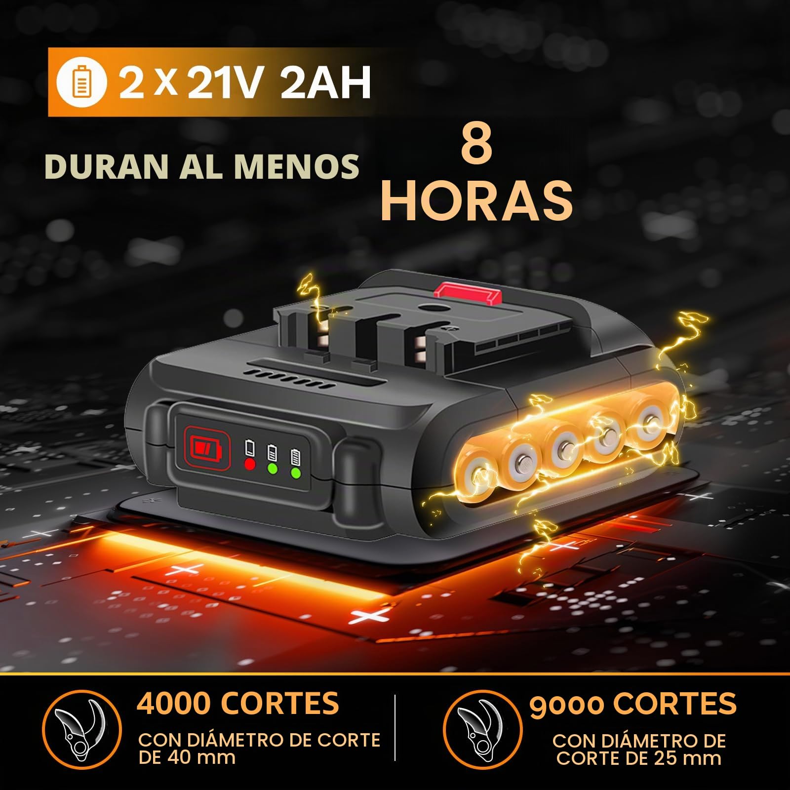 8605 Tijeras de Podar Electricas, 40mm Tijeras de Podar Profesional, 1050W 2x21V 2A Progresivo Tijeras de Podar Bateria, Con Cable de Extensión de 1.2M
