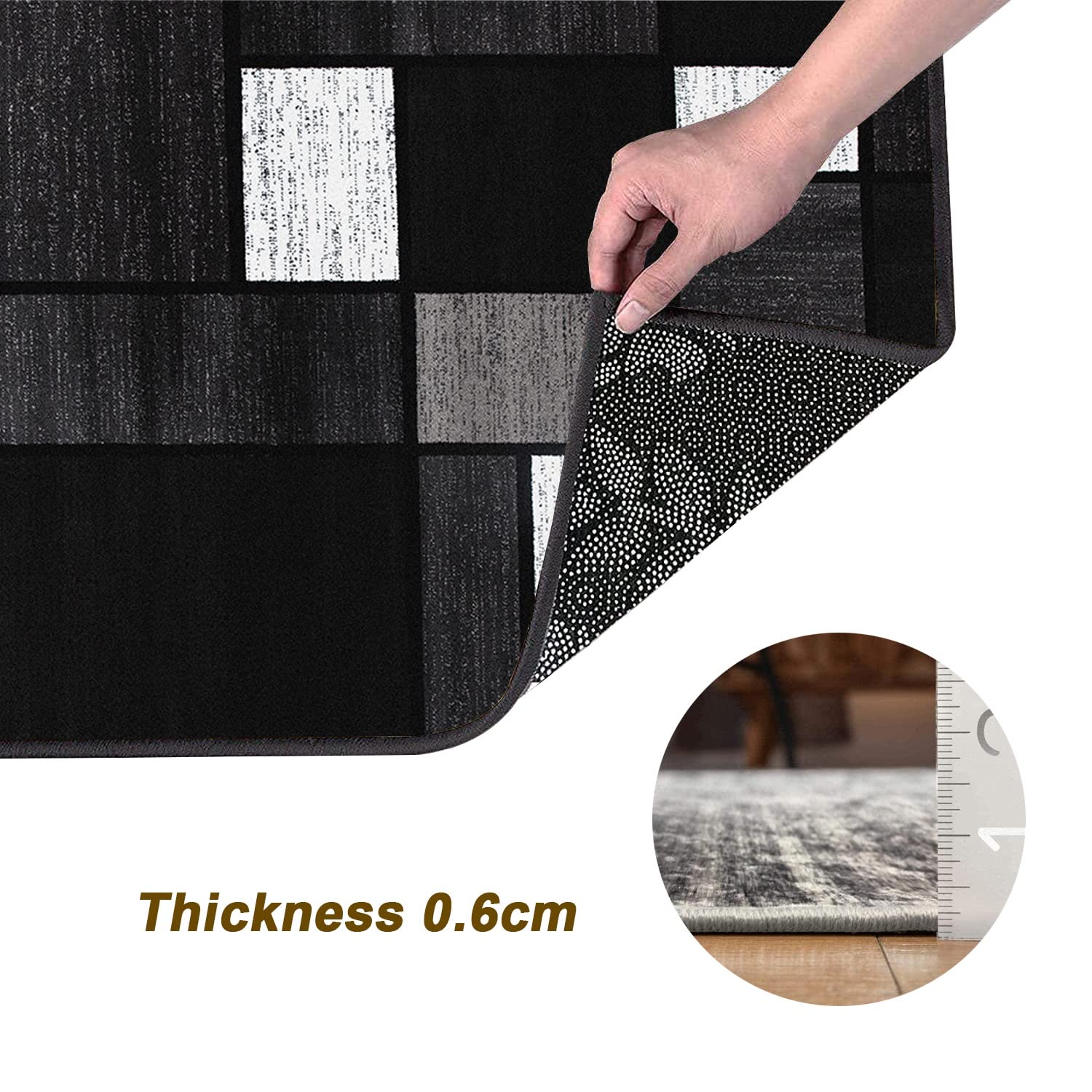 Teppich läufer Flur Grau Schwarz und Weiß rutschfest 80x250cm Küchenteppich Patchwork Waschbar Meterware Schlafzimmer Korridor Teppich Lang, 60/70/ 80/90/ 100/ 120cm Breit