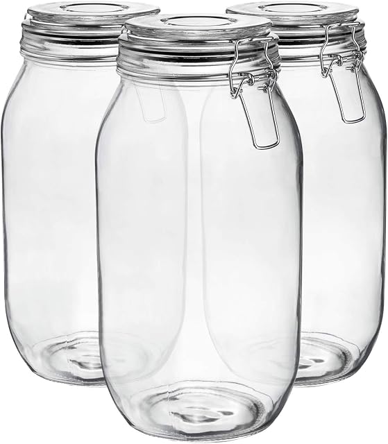 3X 2000ml (2 Litre) Clear Glass Storage Jars with Black Airtight Silicone Seal and Metal Clip Lids - 70.3oz Large Empty Kitchen Containers - by Argon Tableware