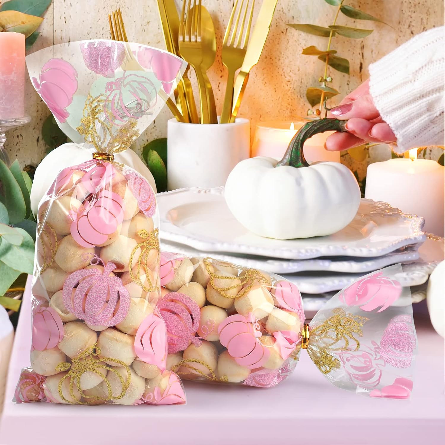Funrous 100 Pcs Little Pumpkin Bags Fall Cellophane Pumpkin Party Candy Bags Plastic Goodie Treat Gifts with Gold Twist Ties for Autumn Theme Party Supplies Thanksgiving Decorations