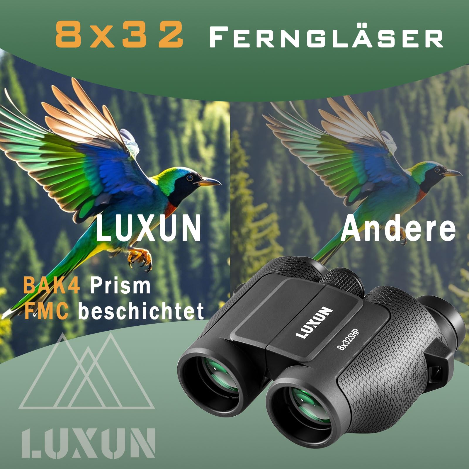 LUXUN 8 x 32 mała lornetka dla dorosłych, kompaktowa, ultrasharp, duży okulary do obserwacji ptaków, czarna