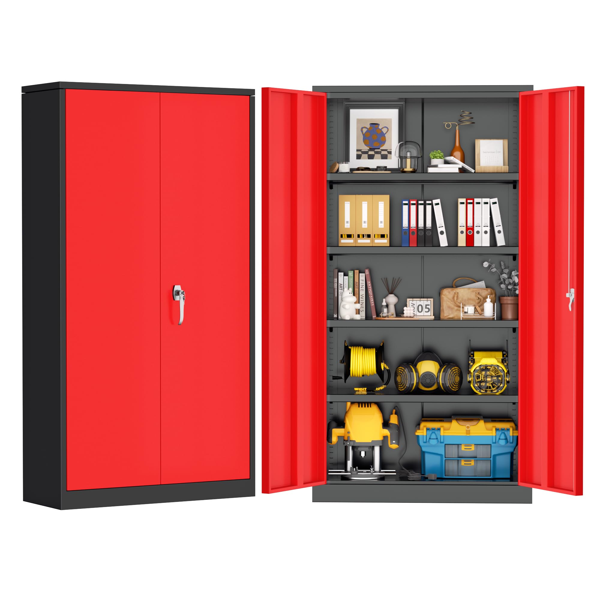 Greenvelly 72" H Metal Garage Storage Cabinet with 2 Doors and 4 Adjustable Shelves, Black Red Metal Cabinet with Lock for Office,Home, Garage, Gym,