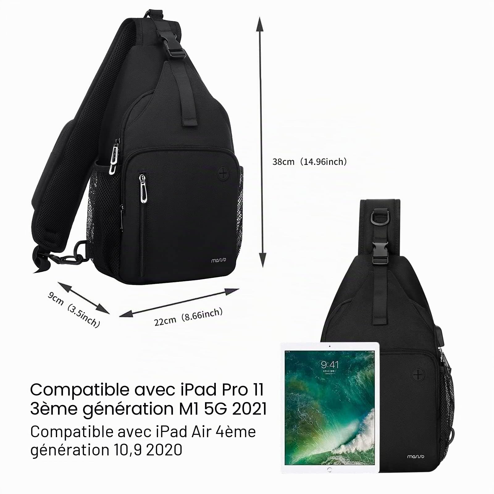 MOSISO Sac à Dos Bandoulière avec Poche Carrée Avant & Port USB de Chargement, Pour Voyage & Randonnée & Journée, Compatible avec Utilisations Quotidiennes