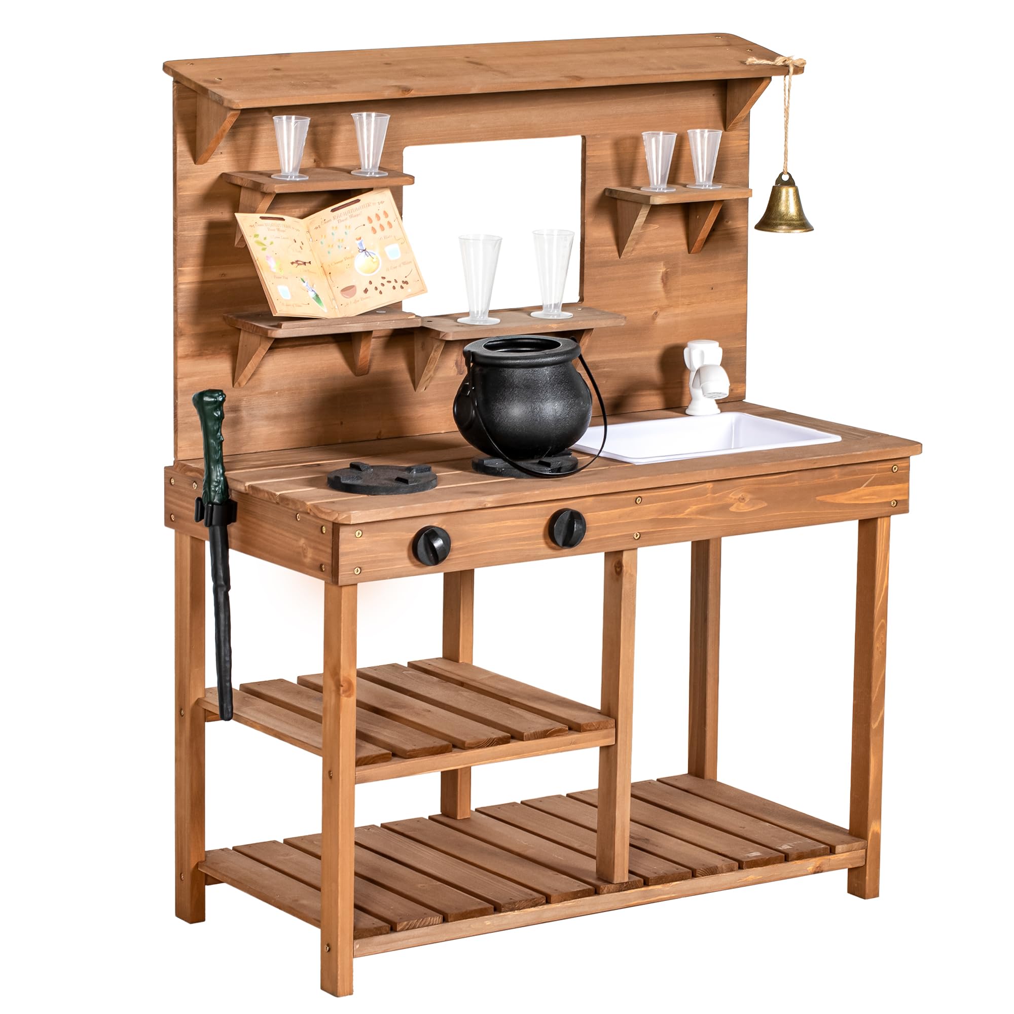 OHKIDS Outdoor Mud Kitchen Playset, Wooden Magic Kitchen Set with Wand, Removable Sink, Faucet, Stove, Toddlers Pretend Play Kitchen for Backyard, Wizard Role Play, Gift for Boys Girls Age 3+