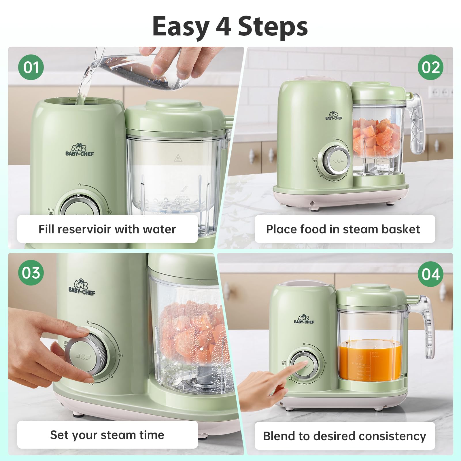 AMZBABYCHEF Máquina de alimentos para bebés, procesador de alimentos para bebés 4 en 1 y vaporizador, licuadora de puré, máquina multifuncional para puré de bebé, apta para lavavajillas (verde)