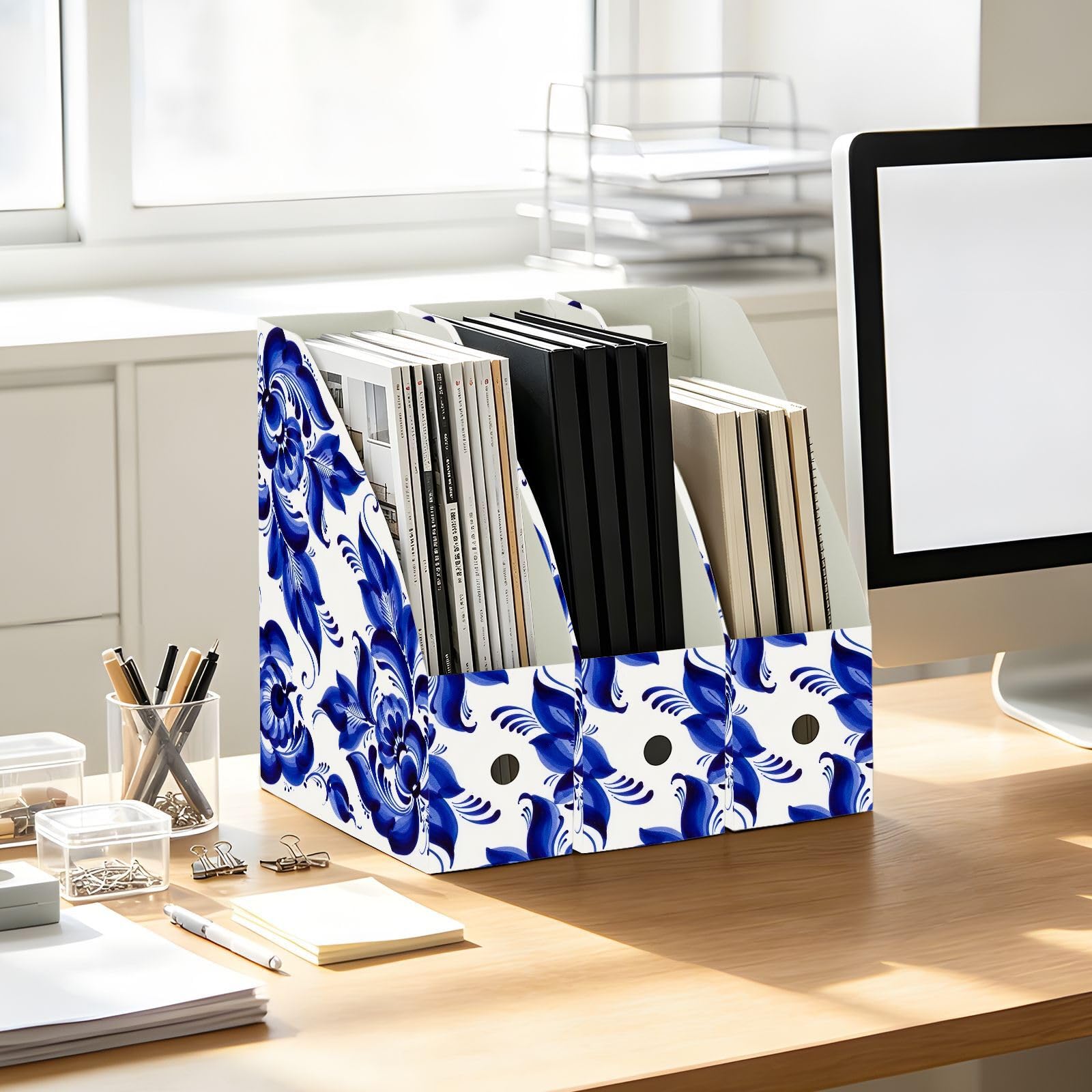 Organiseur de fichiers de bureau à motif floral bleu, bibliothèque