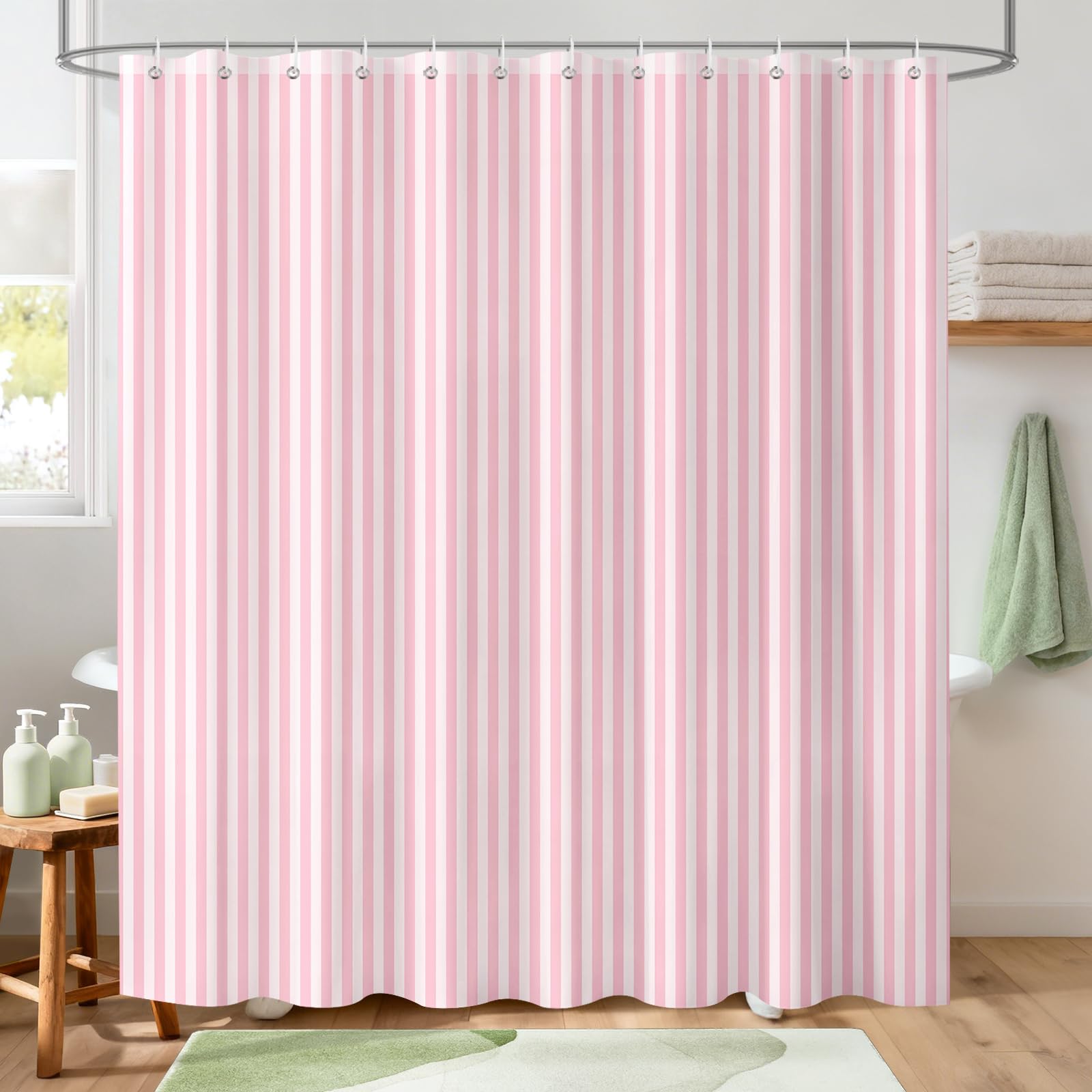Hopomoon Pink and White Striped Shower Curtain,Vintage Pink Vertical Striped Geometric Waterproof Polyester Fabric Bath Curtain with 12 Hooks 72 x 72 inch