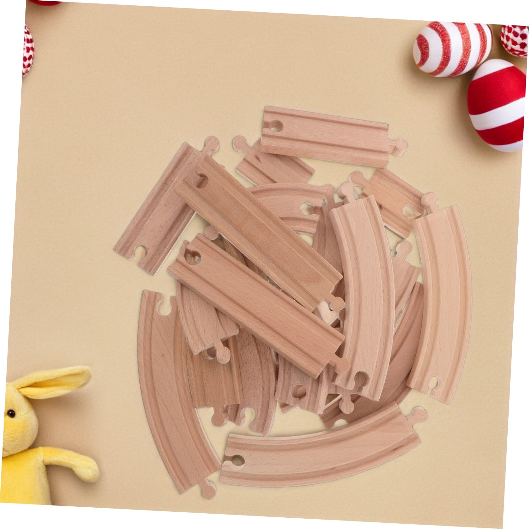 VICASKY Binari in Legno per Trenini 20 Pezzi Beige per Modellini | Tratti Dritti e Curvi, Connettori di Giunzione e Biforcazioni, per Gioco Ferroviario DIY