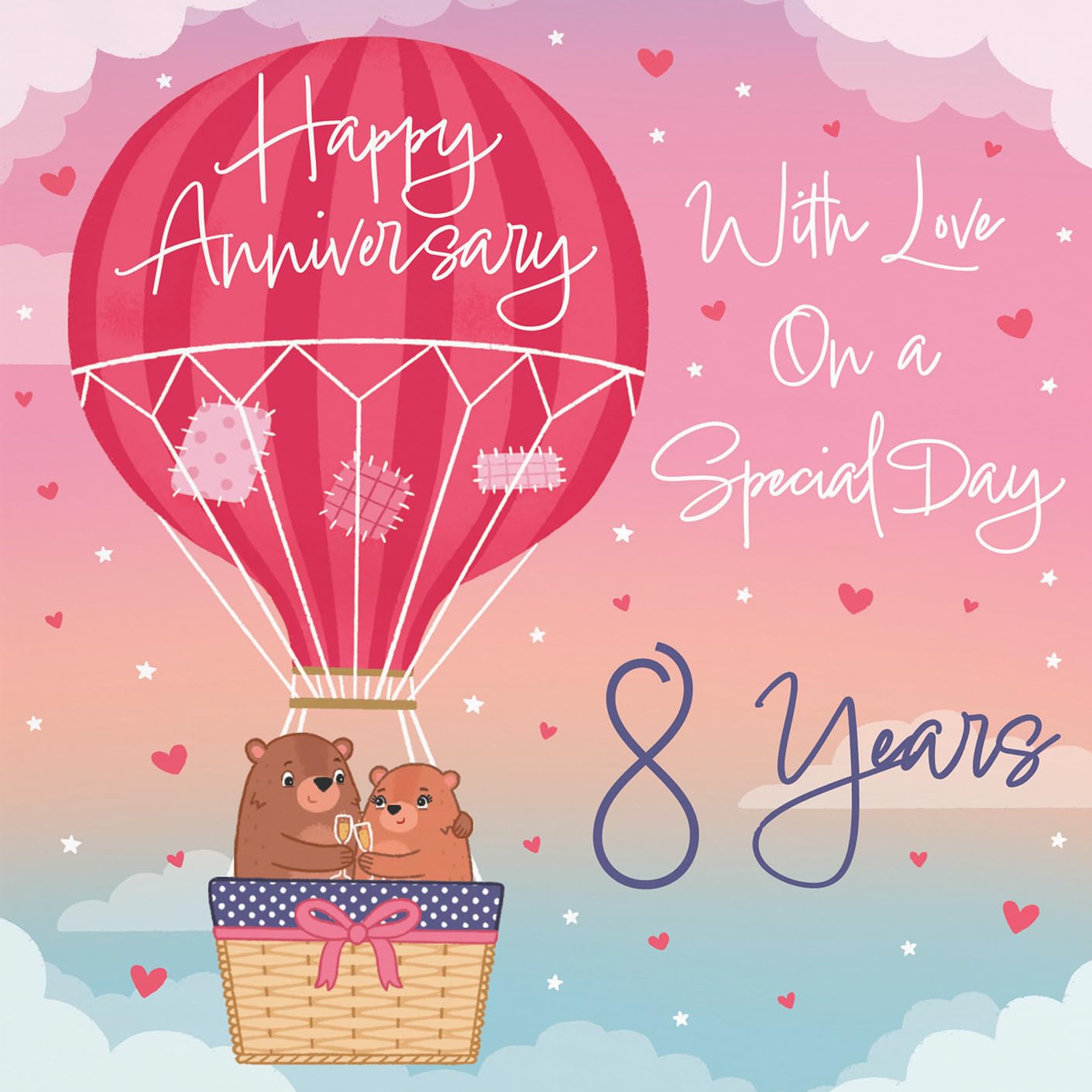 Hunts England, Hot Air Balloon 8th Anniversary Card For Him/Her, Cute Bears Collection - Image 2
