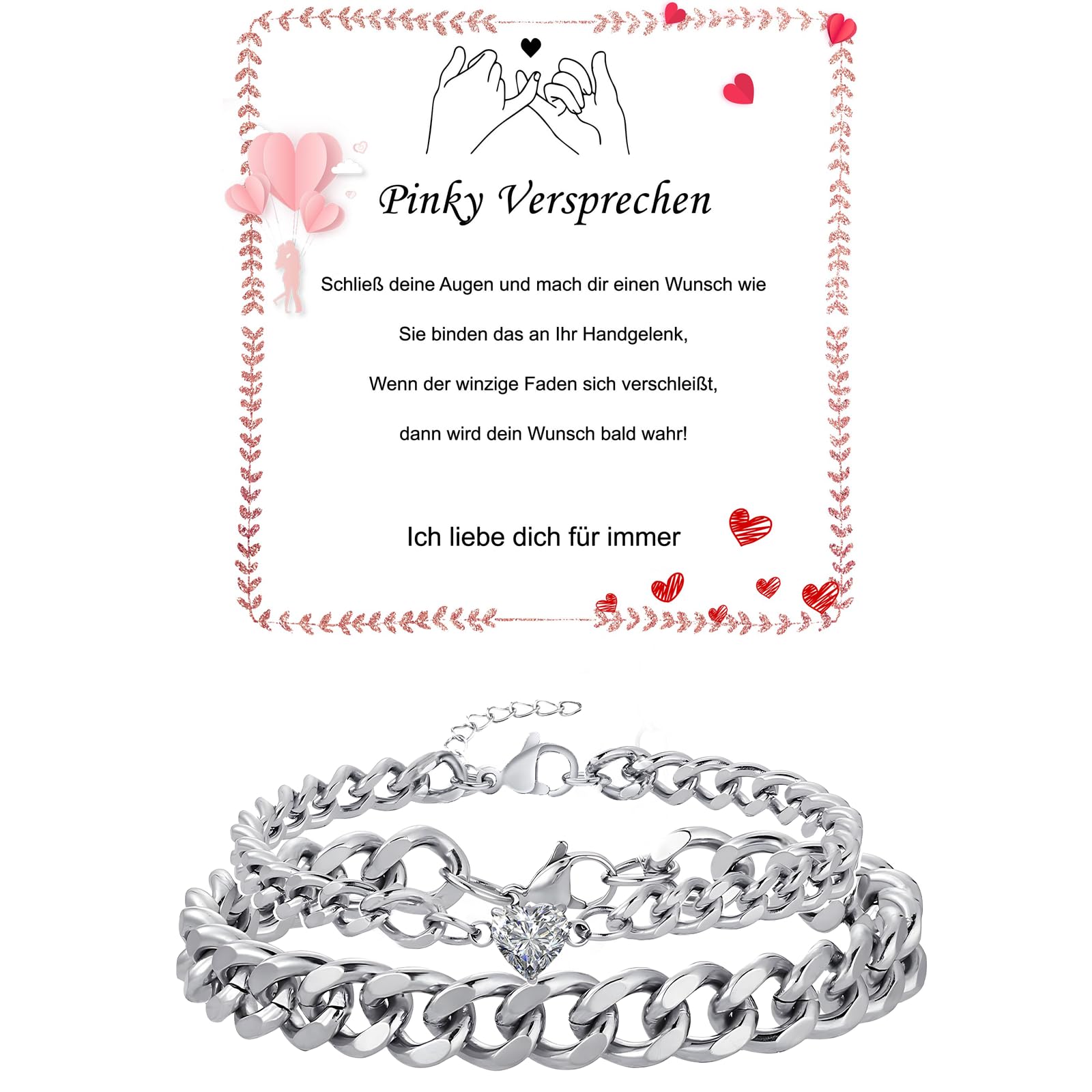 Fehki Edelstahl Paar Armband | Kubanische Kette verstellbar | Romantisches Geschenkset für Paare zum Valentinstag, Jahrestag & Geburtstag