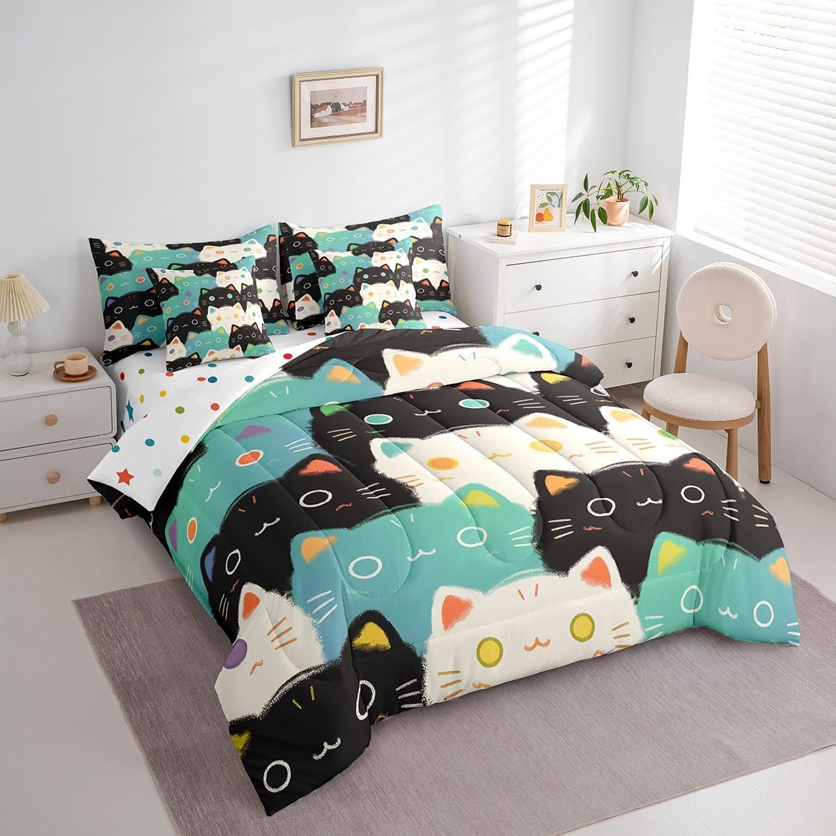 Erosebridal Black Little Cat Bed in a Bag Queen Comforter Set 7 Piece,Cute Pet Animals Bedding Sets,Kitten Sheet Set with Comforter Cartoon Bed Set,Kawaii Room Decor
