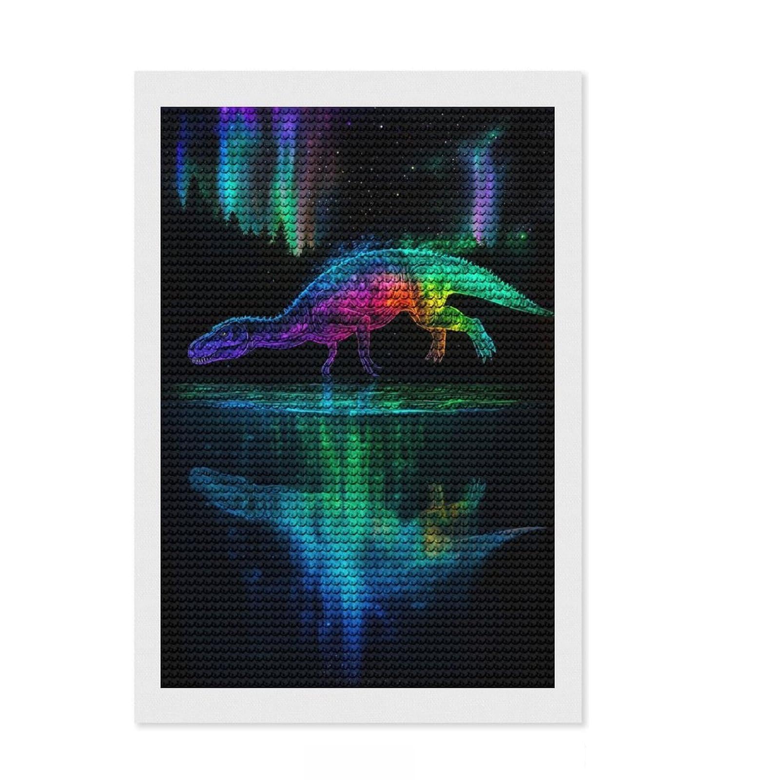 Junmoney Dinosaur Aurora Borealis DIY Diamond Art Canvas Kit 8"x12", with Tool Kit, Decorate Your Room, Modern Decor, for Family Craft Time