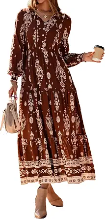 Women's Fall Wedding Guest Dresses 2025 Casual Floral Long Sleeve V Neck Flowy Boho Maxi Dress with Pockets