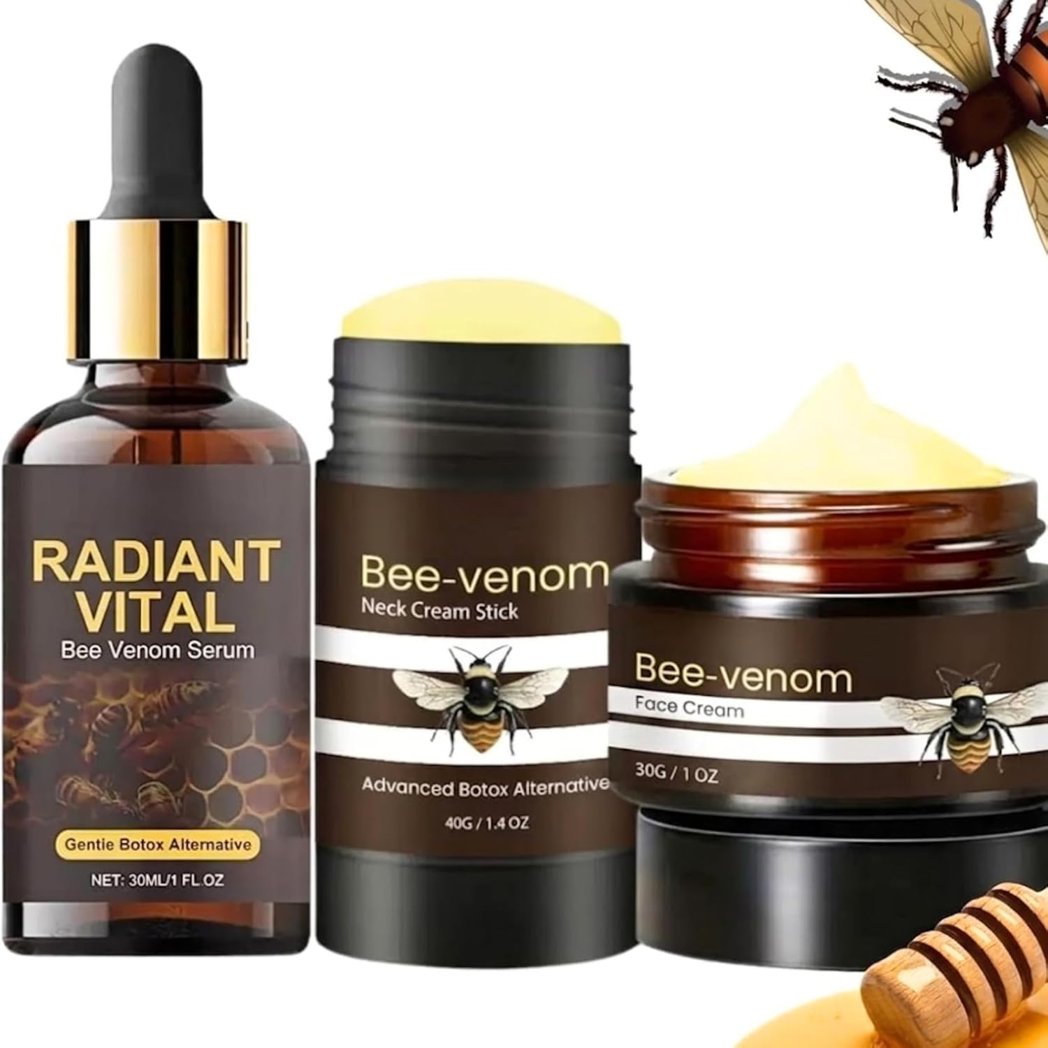 3PCS Bee Venom Anti Wrinkle Skin Care Sets-Bee Venom Face Cream&Neck Cream Stick& Face Serum,Facial Sets for Women Fade Fine Lines,Bee Suit,Wrinkle Filler&Skin Tightening