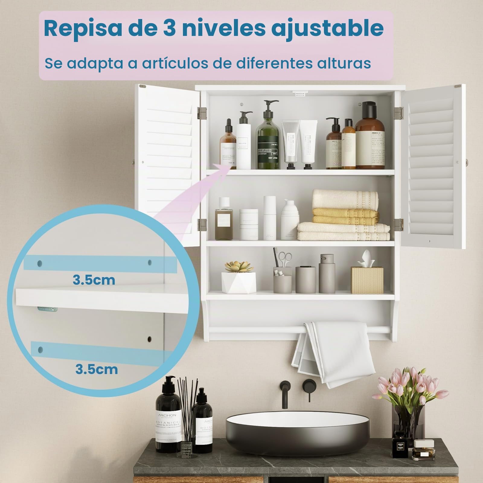 LIFEZEAL Armario de Baño de Pared con Toallero (Blanco) | Mueble de Almacenamiento de Baño de 2 Puertas y 3 Estantes, Madera, Ahorra Espacio, Ajustable, Max 30kg, 60x22x75 cm