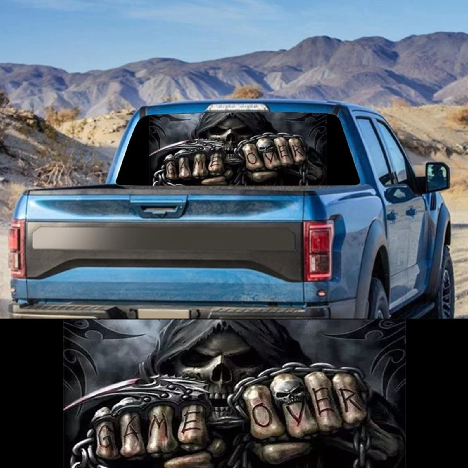 YHMX Rear Window Decals for Trucks, Pickup Grim Reaper Window Decal, Game Over Rear Window Tint Graphic Perforated Vinyl Truck Stickers,147x46 cm